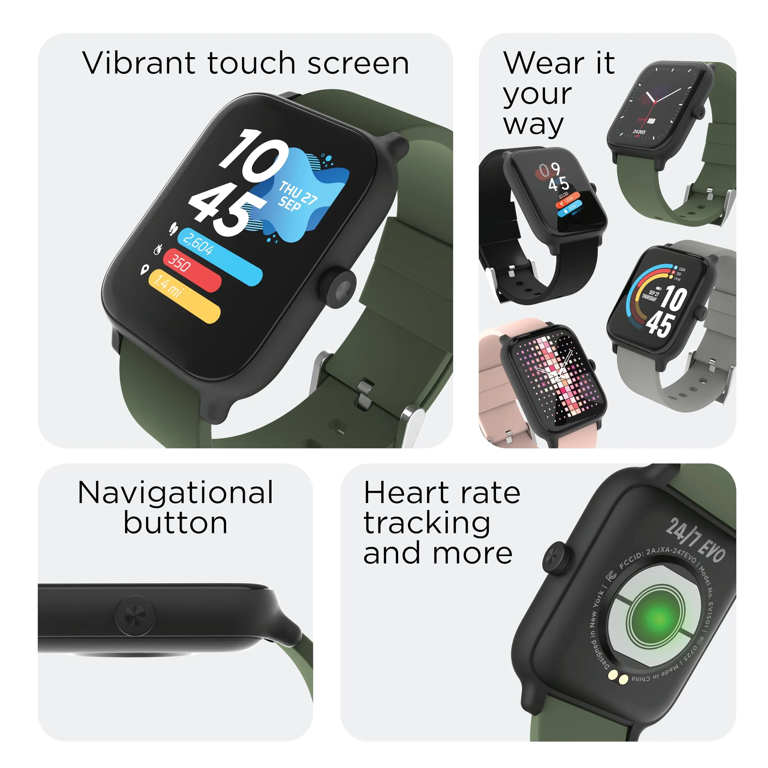 24/7 EVO Unisex Smartwatch - Fitness Tracker, Heart Rate Monitor, Customizable Watch Face - Activity and Calorie Tracker - Multi Sports Modes - Bluetooth Connectivity