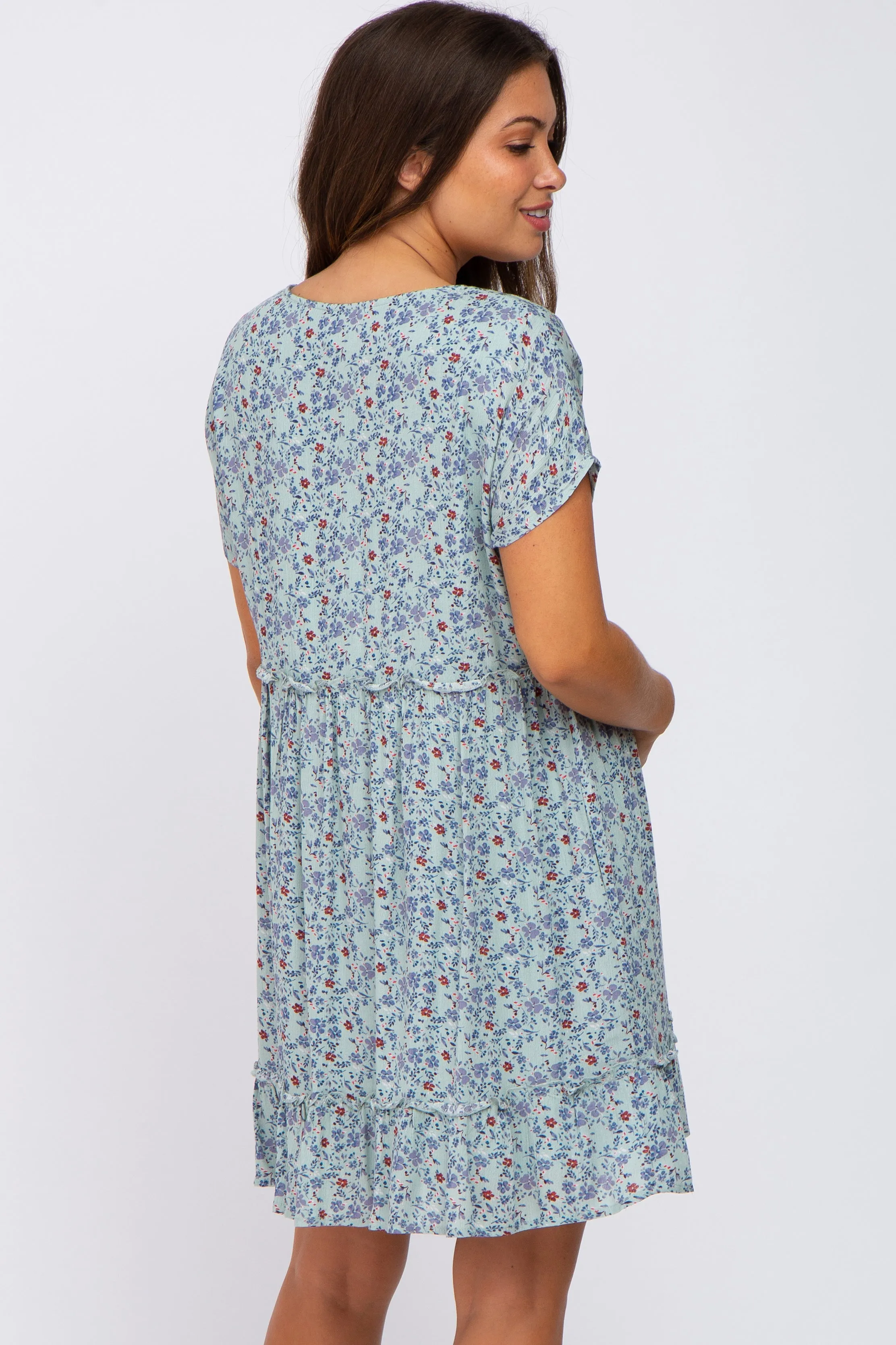 Aqua Floral Button Front Ruffle Hem Maternity Dress