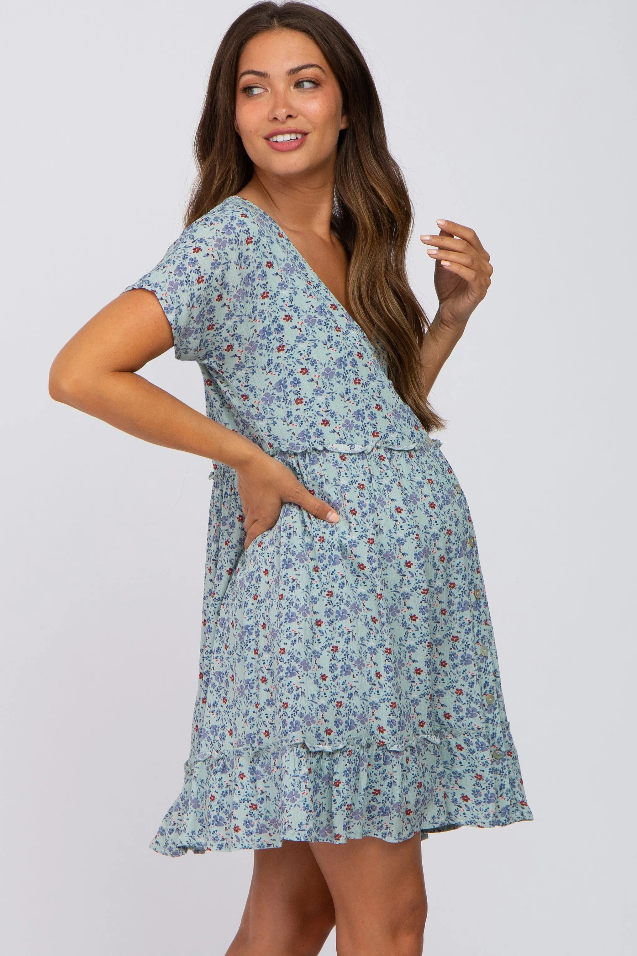 Aqua Floral Button Front Ruffle Hem Maternity Dress