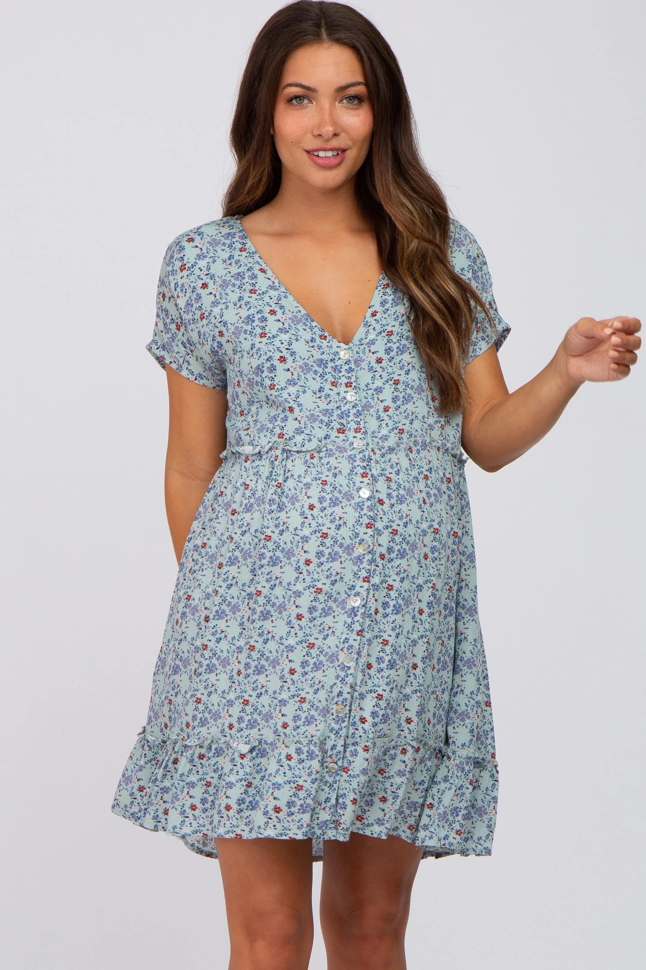 Aqua Floral Button Front Ruffle Hem Maternity Dress