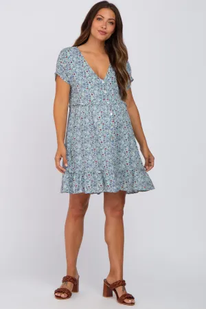 Aqua Floral Button Front Ruffle Hem Maternity Dress