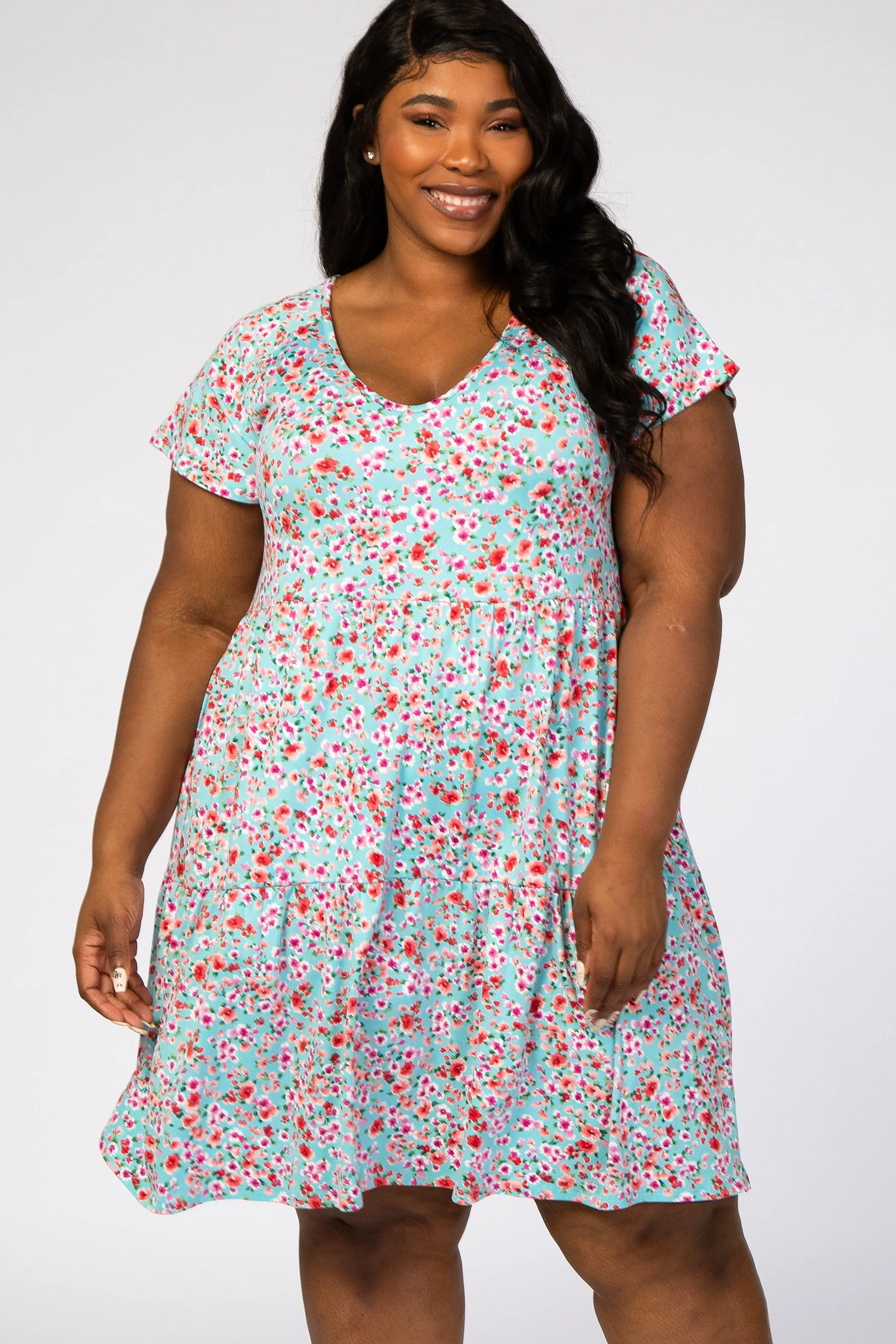 Aqua Floral Pleated Tier Babydoll Plus Dress