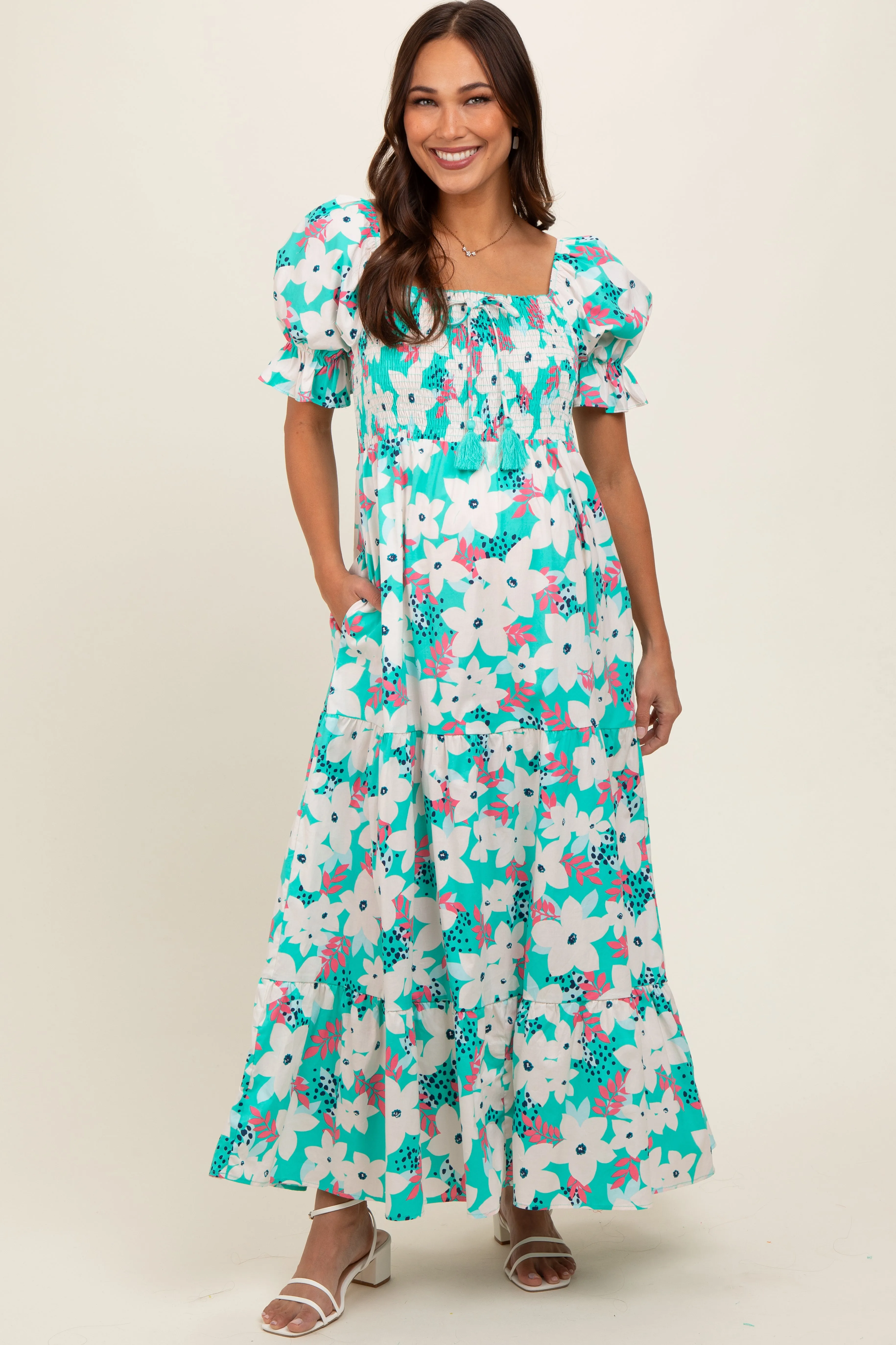 Aqua Floral Puff Sleeve Maternity Maxi Dress