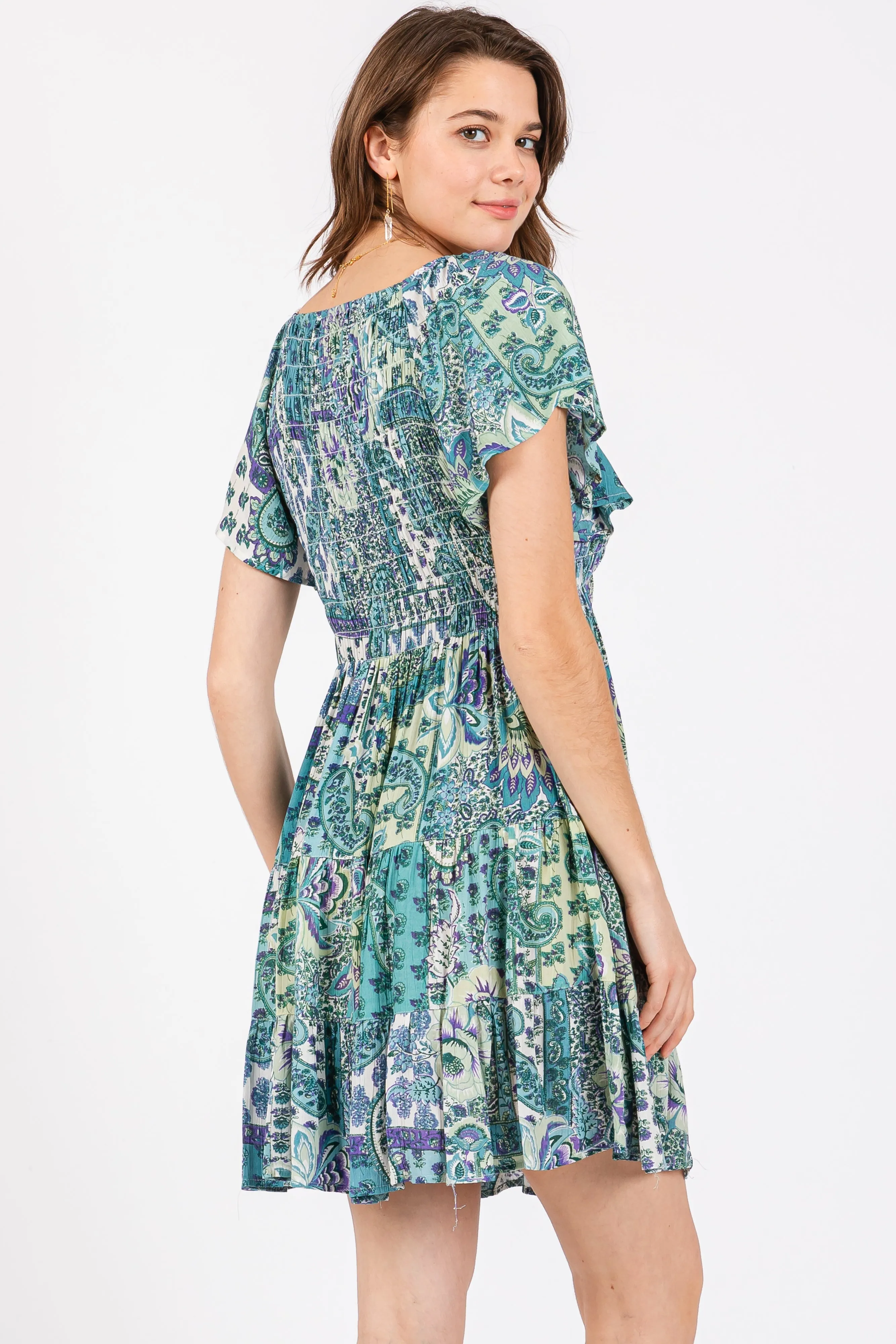 Aqua Floral Ruffle Sleeve Dress