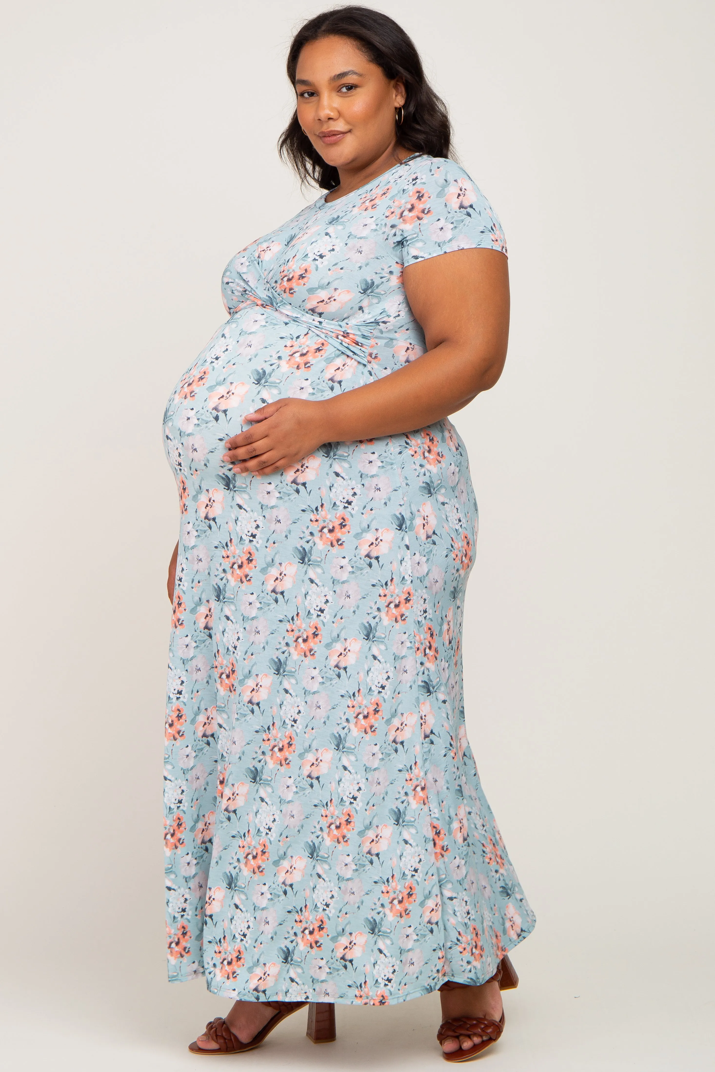 Aqua Floral Twist Maternity Plus Maxi Dress