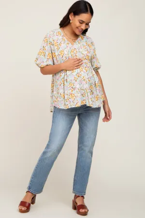 Aqua Floral V-Neck Short Puff Sleeve Maternity Top