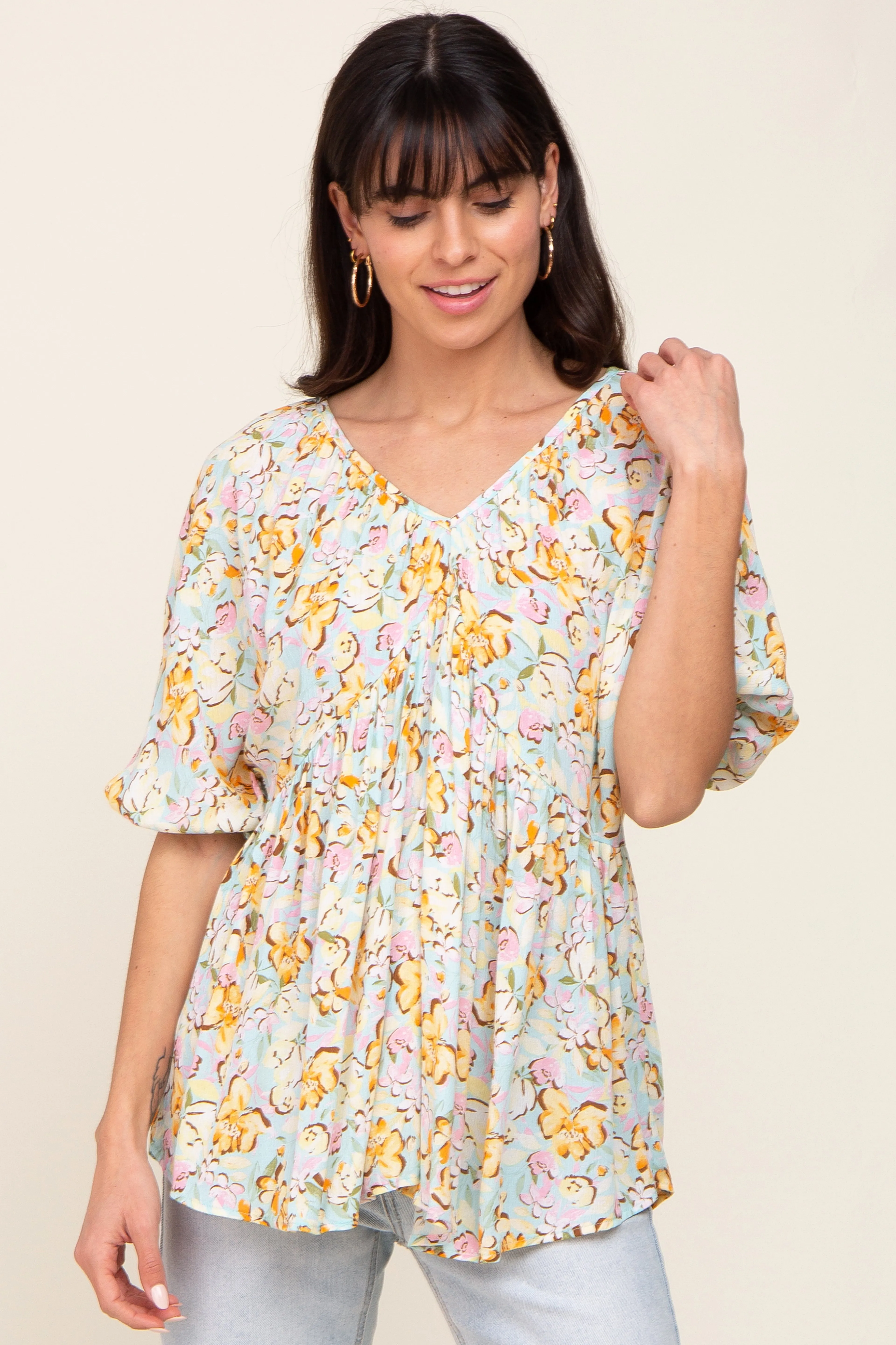 Aqua Floral V-Neck Short Puff Sleeve Maternity Top