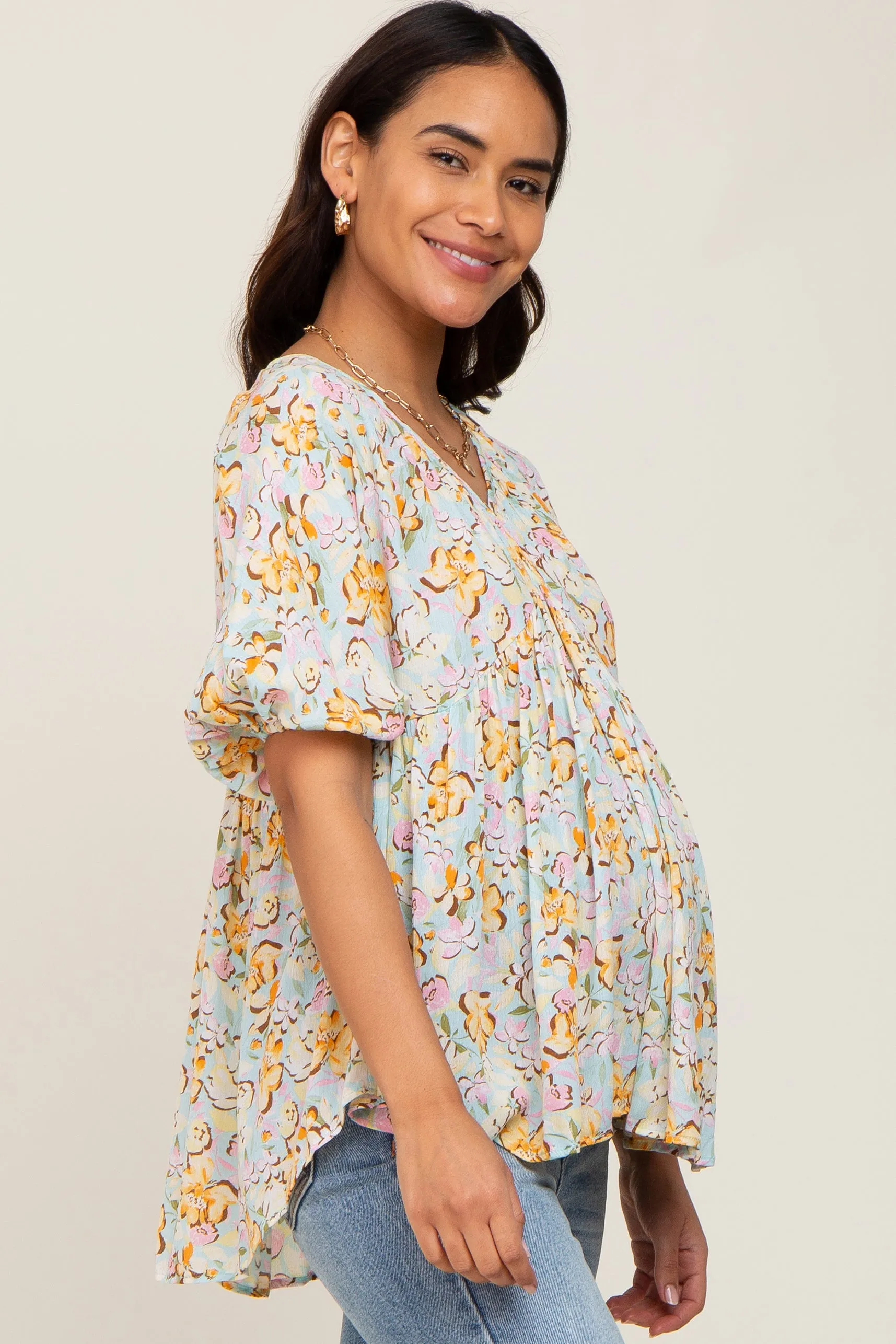 Aqua Floral V-Neck Short Puff Sleeve Maternity Top