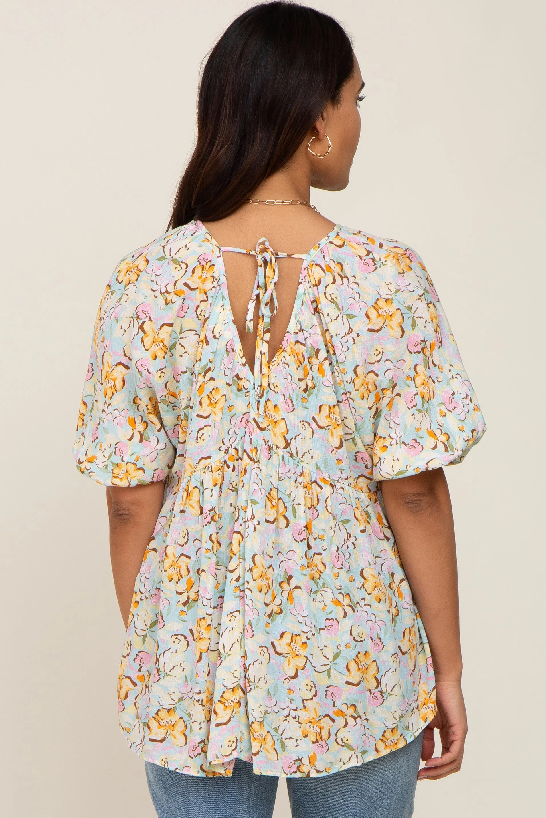 Aqua Floral V-Neck Short Puff Sleeve Maternity Top