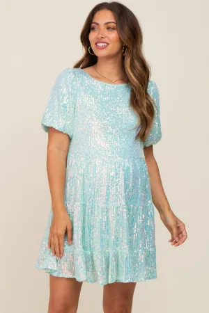 Aqua Sequin Short Sleeve Tiered Maternity Dress