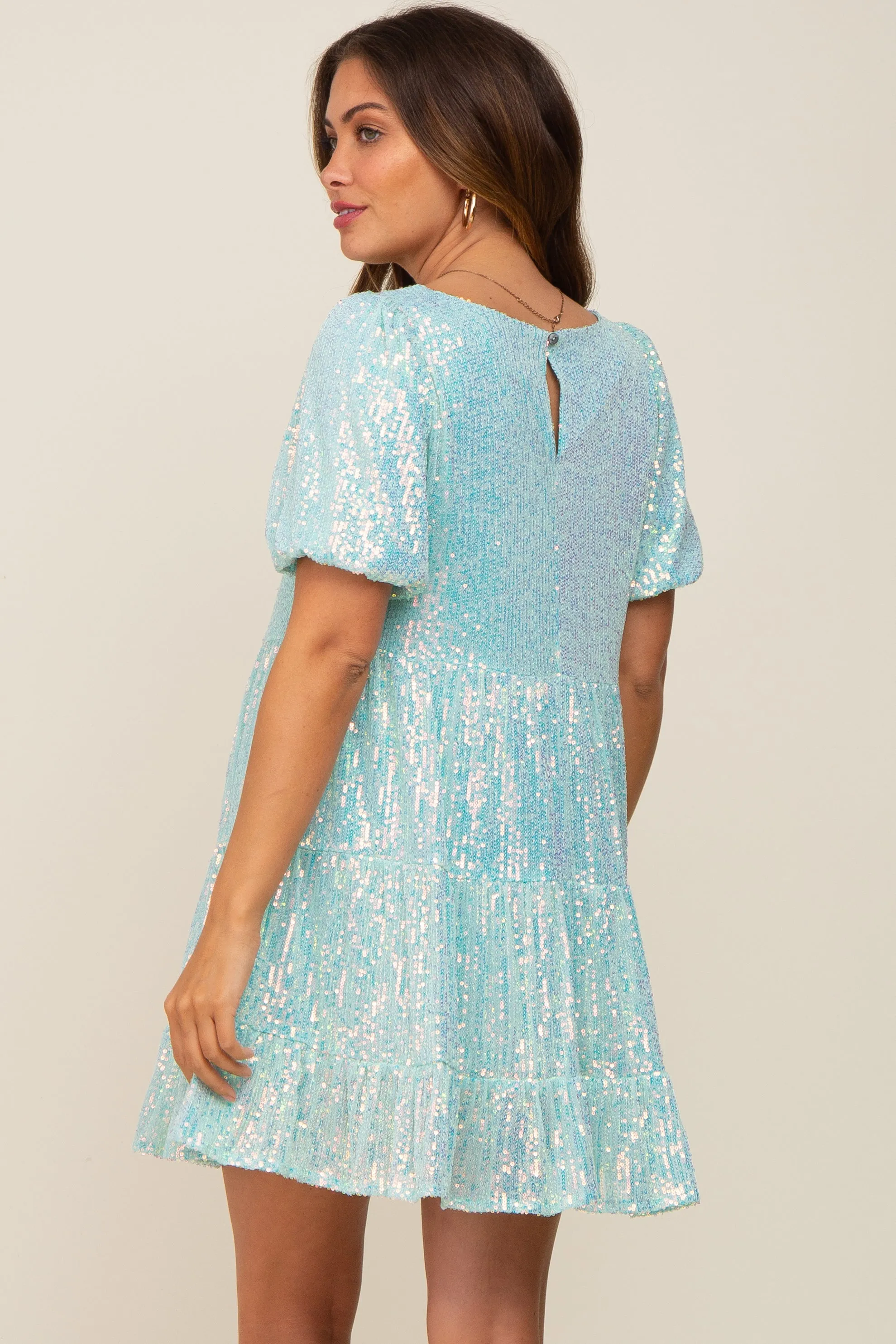 Aqua Sequin Short Sleeve Tiered Maternity Dress