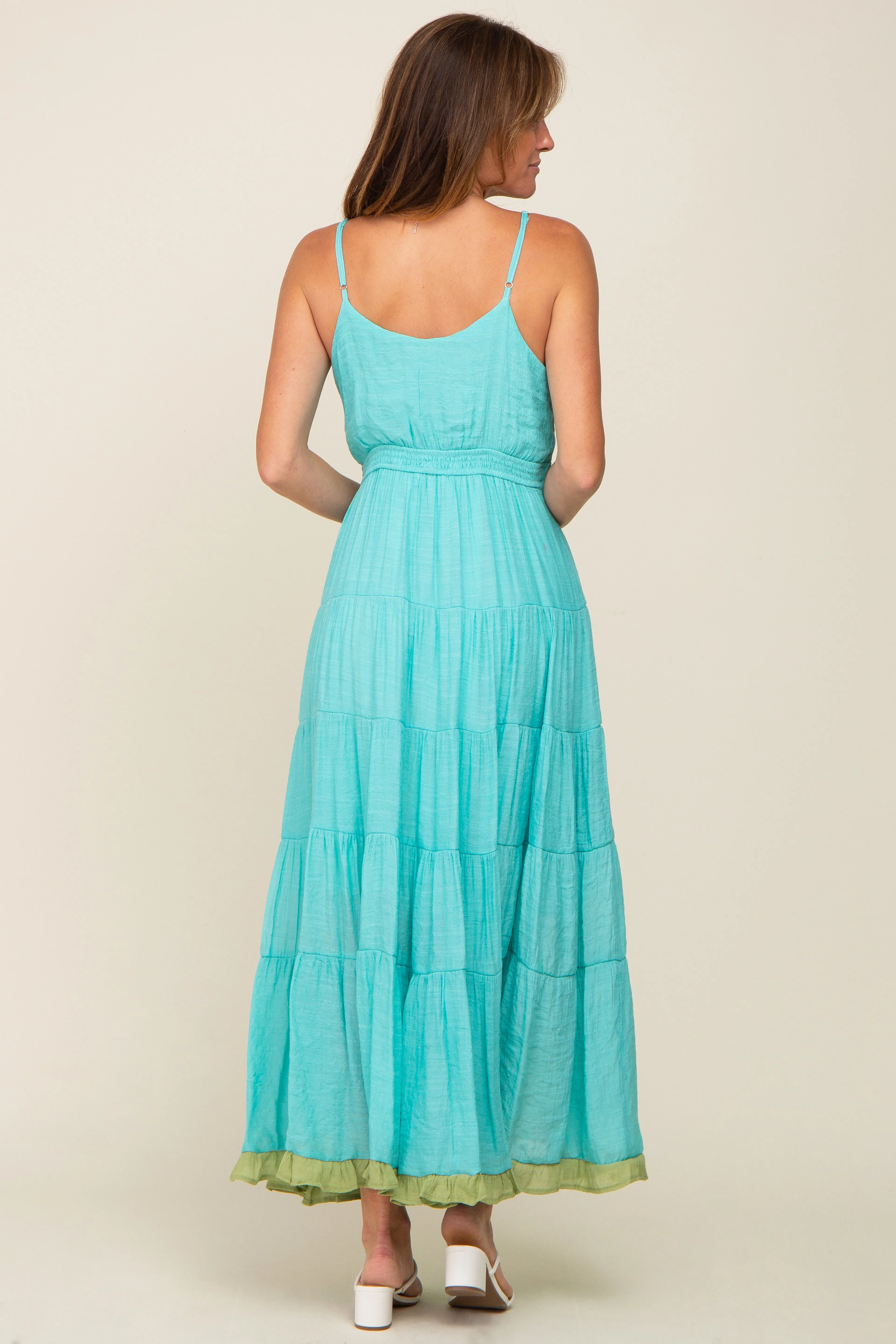 Aqua V-Neck Colorblocked Tiered Maxi Dress