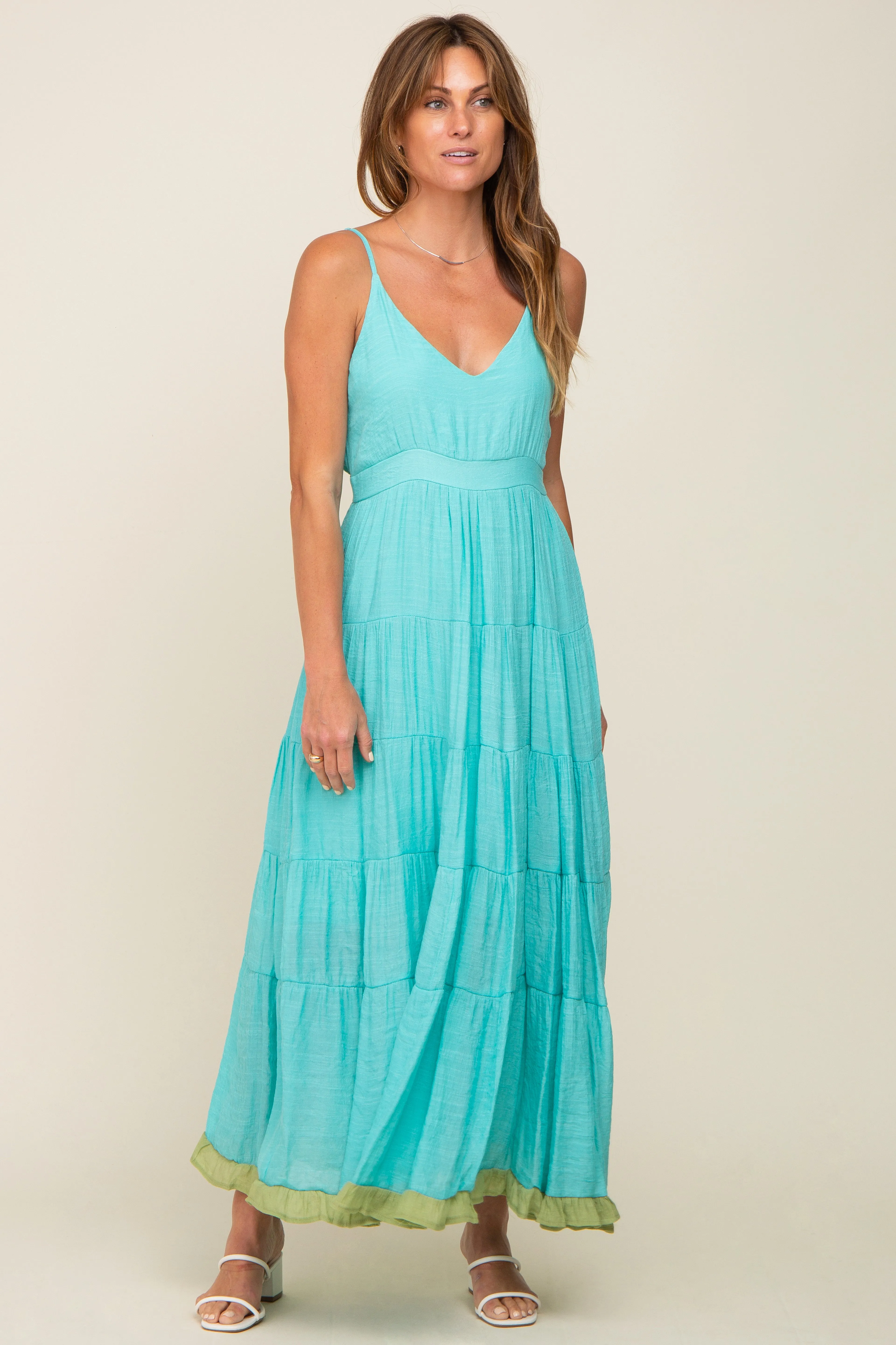 Aqua V-Neck Colorblocked Tiered Maxi Dress