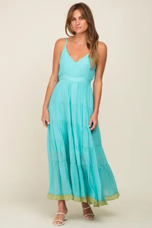 Aqua V-Neck Colorblocked Tiered Maxi Dress