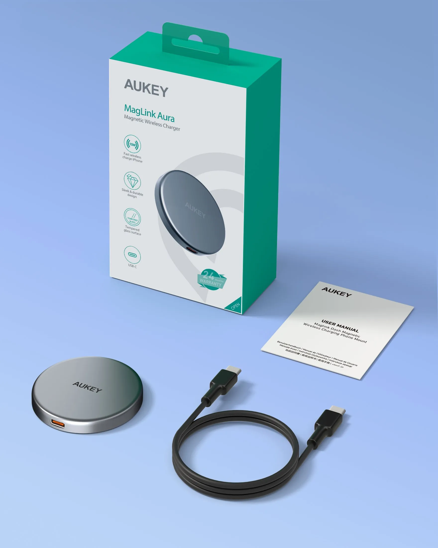 Aukey LC-MC10 MagLink Aura Magnetic Wireless Charger Qi2 15W Fast Charging