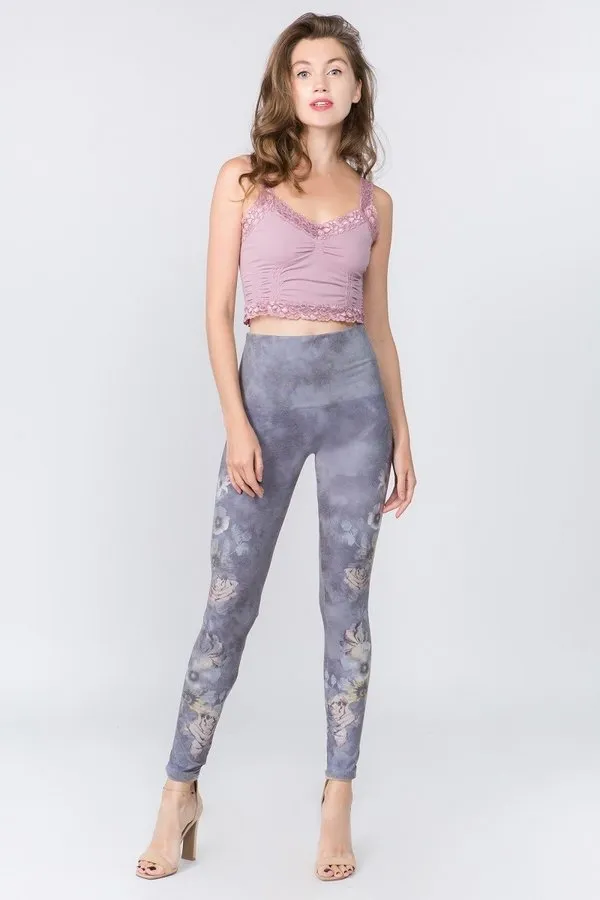 B4437G High Waist Full Length Shadowy Purple Floral Leggings