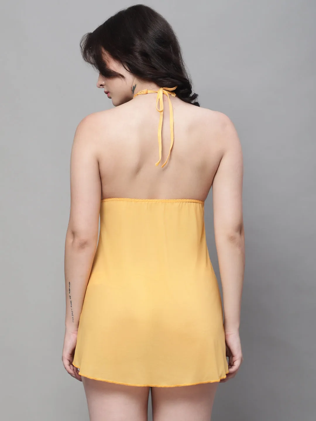 Babydoll Overall Net Backless Dress - Yellow