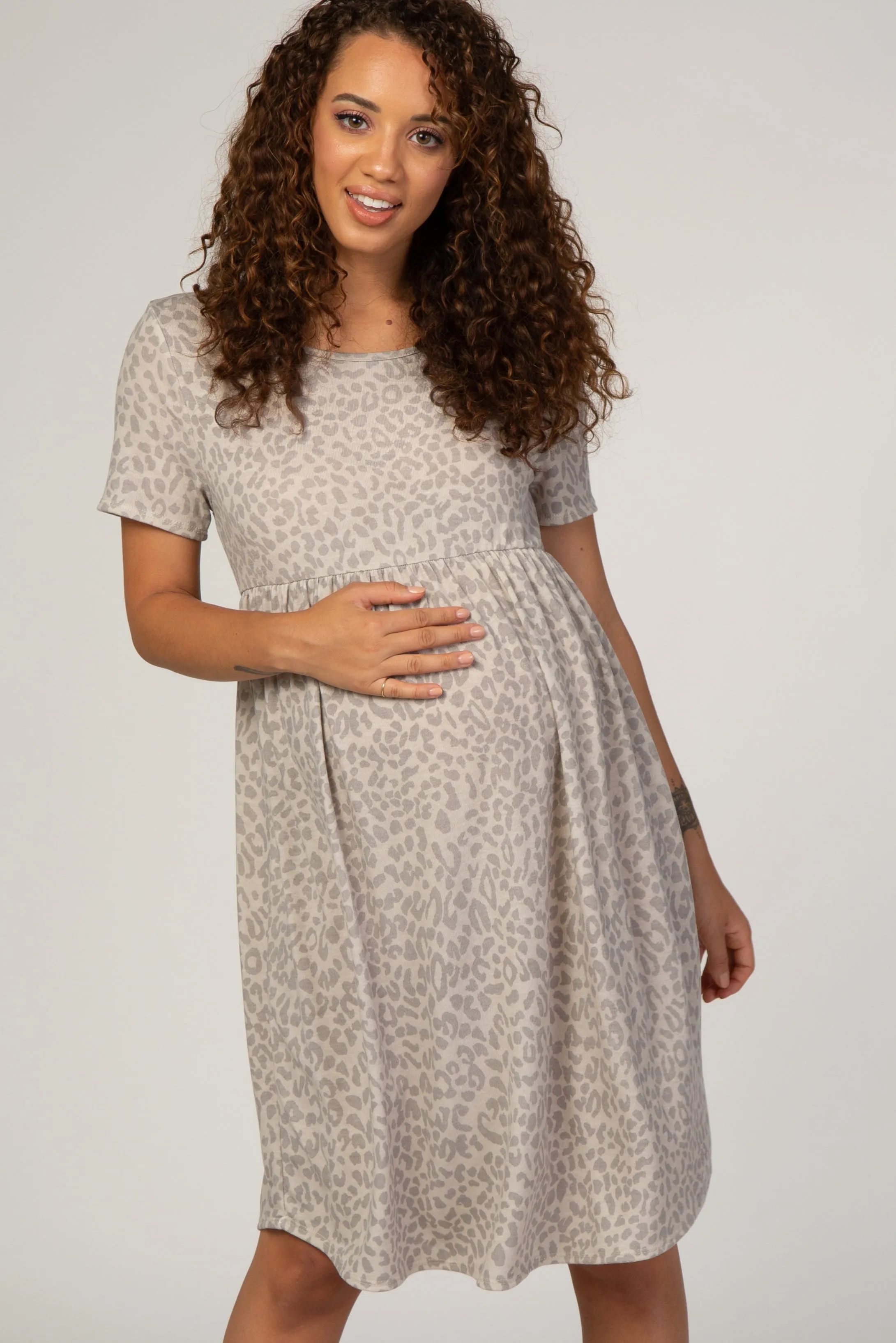 Beige Animal Print Empire Waist Maternity Dress