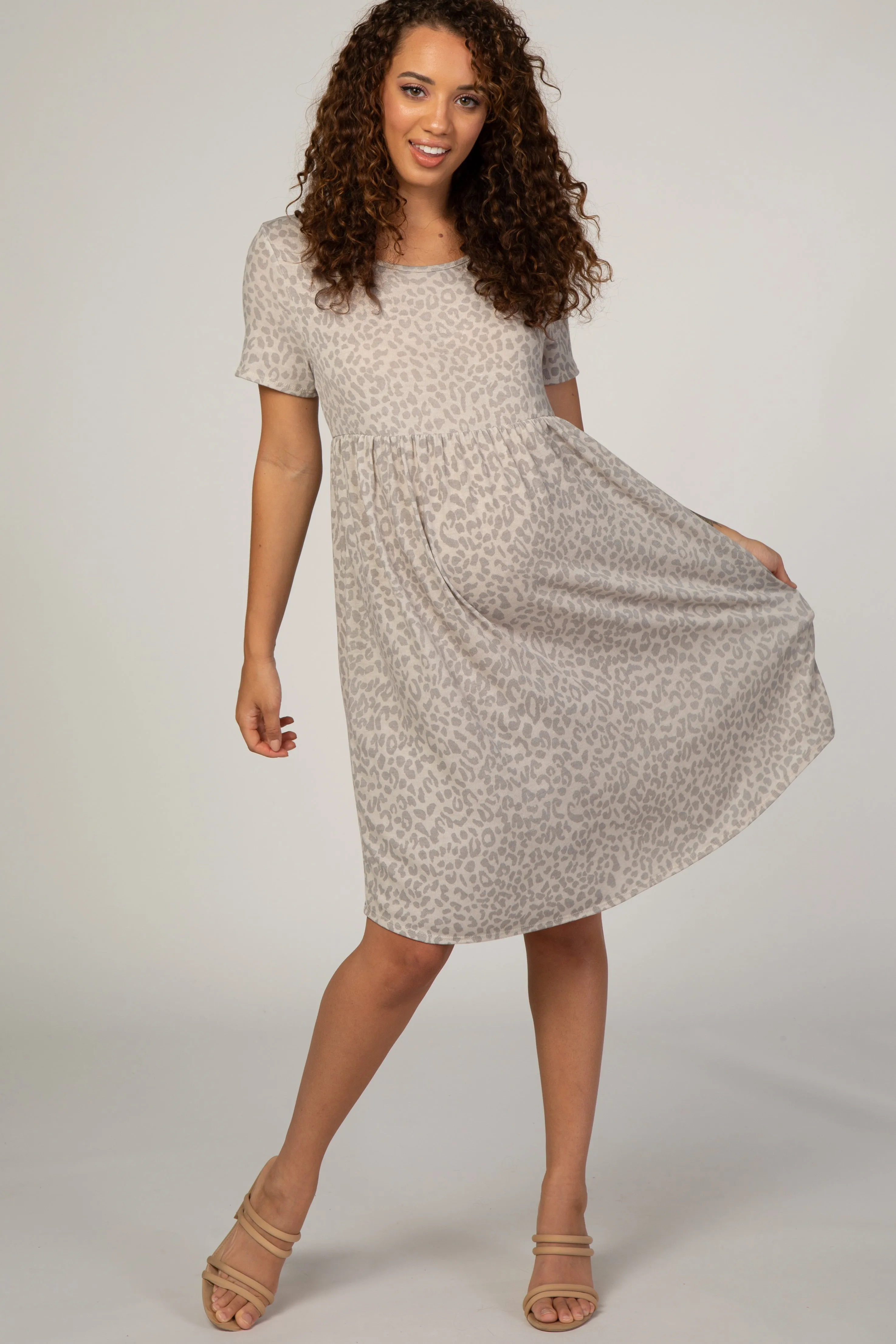 Beige Animal Print Empire Waist Maternity Dress