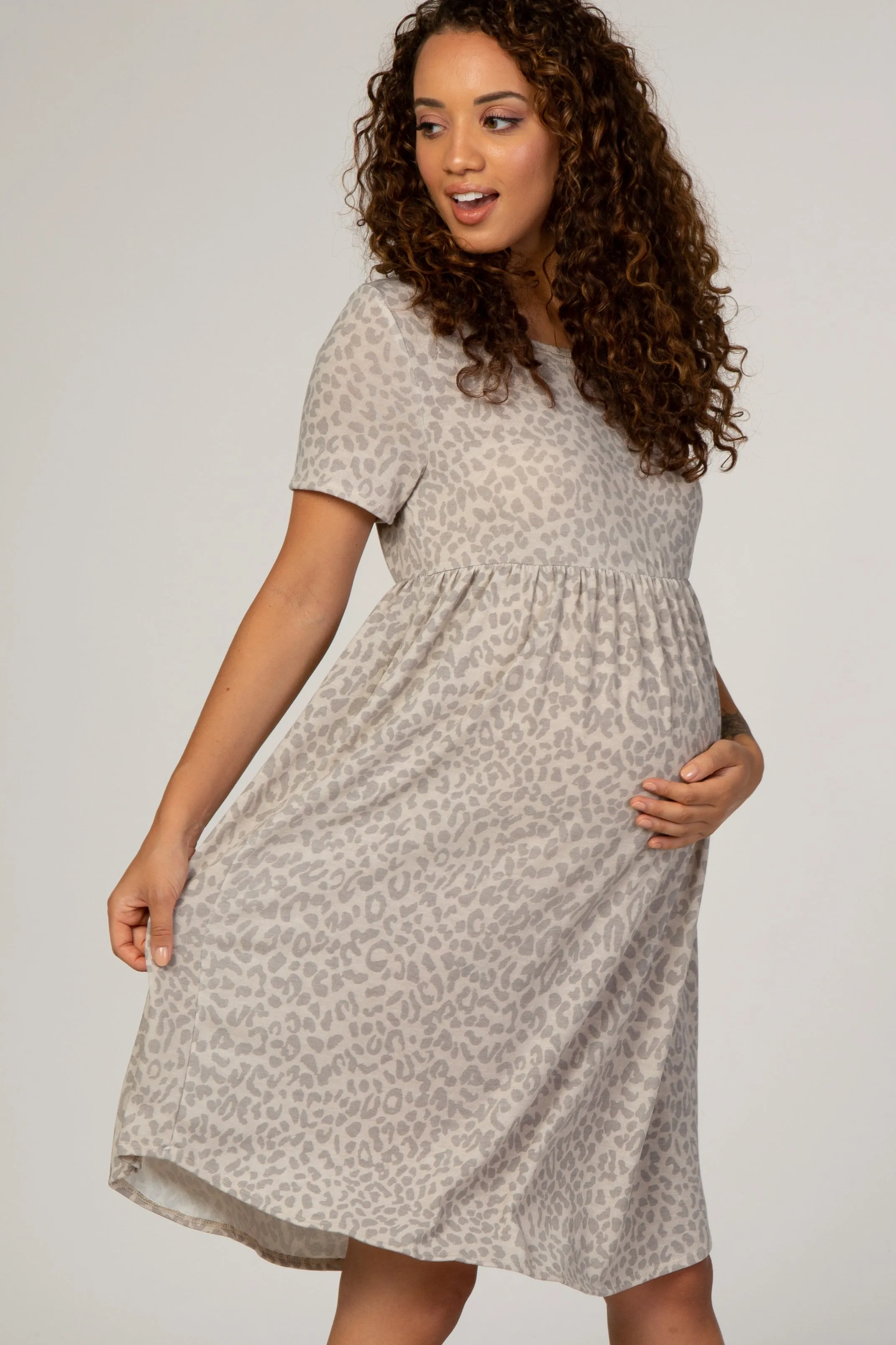 Beige Animal Print Empire Waist Maternity Dress