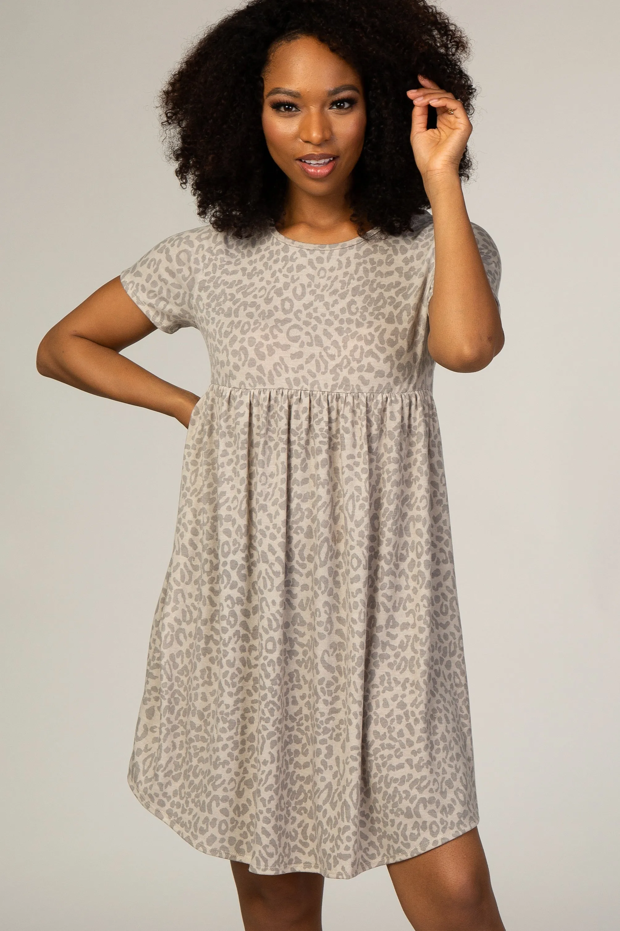 Beige Animal Print Empire Waist Maternity Dress