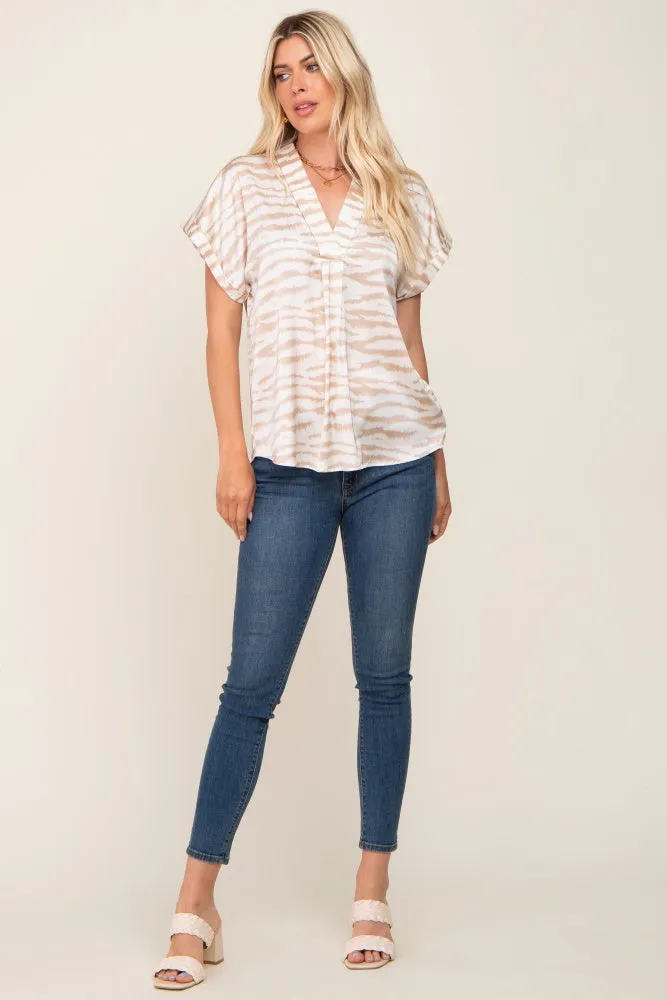 Beige Animal Print Split V-Neck Top