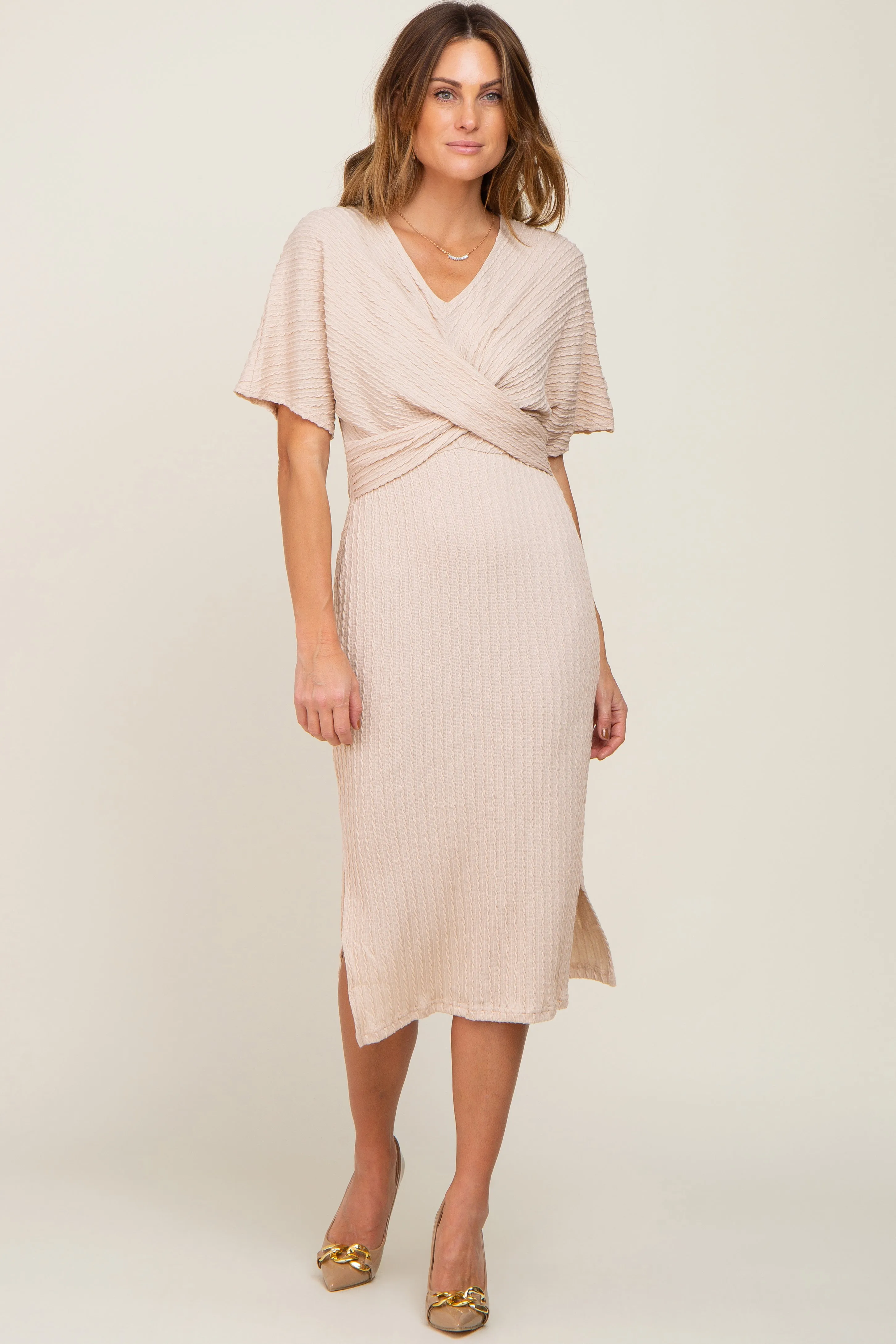 Beige Cable Knit Front Twist Maternity Midi Dress