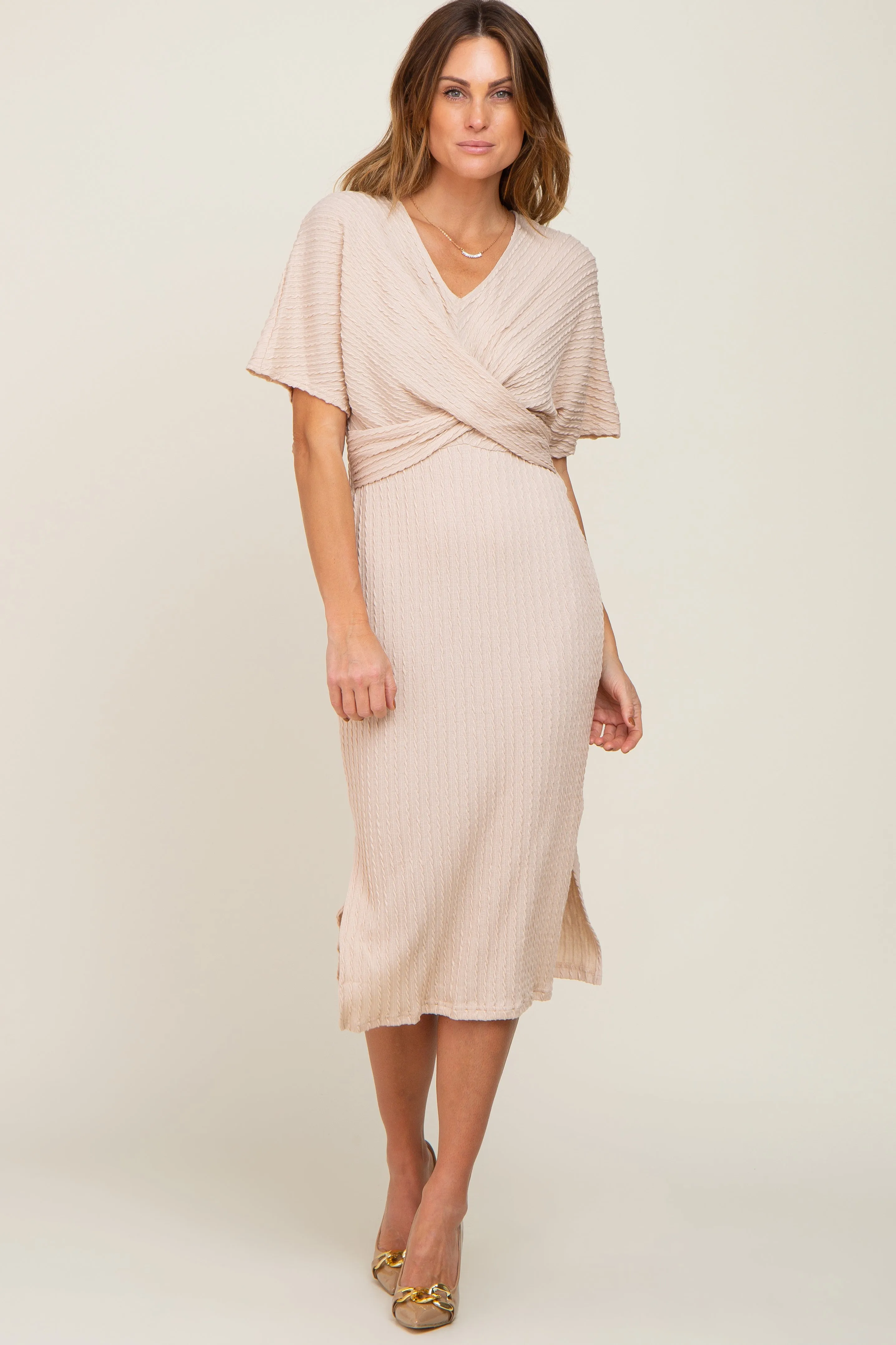 Beige Cable Knit Front Twist Midi Dress