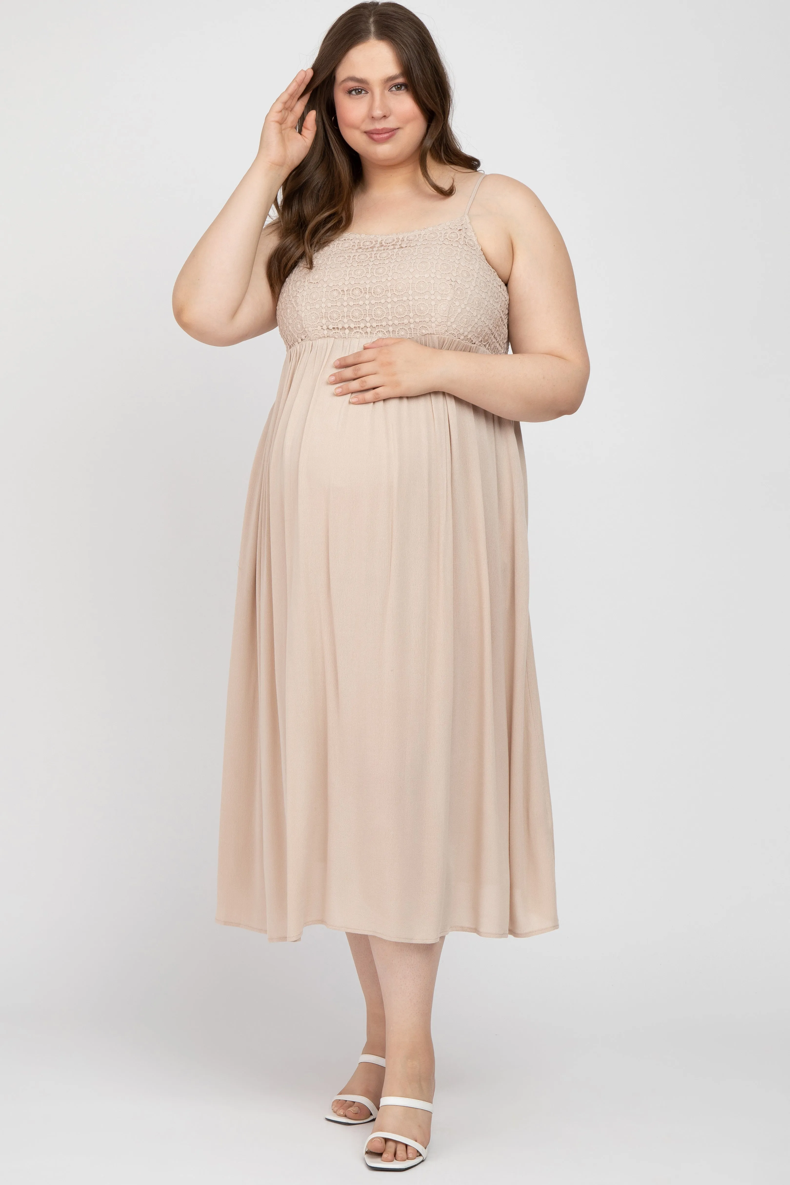 Beige Crochet Top Maternity Plus Midi Dress