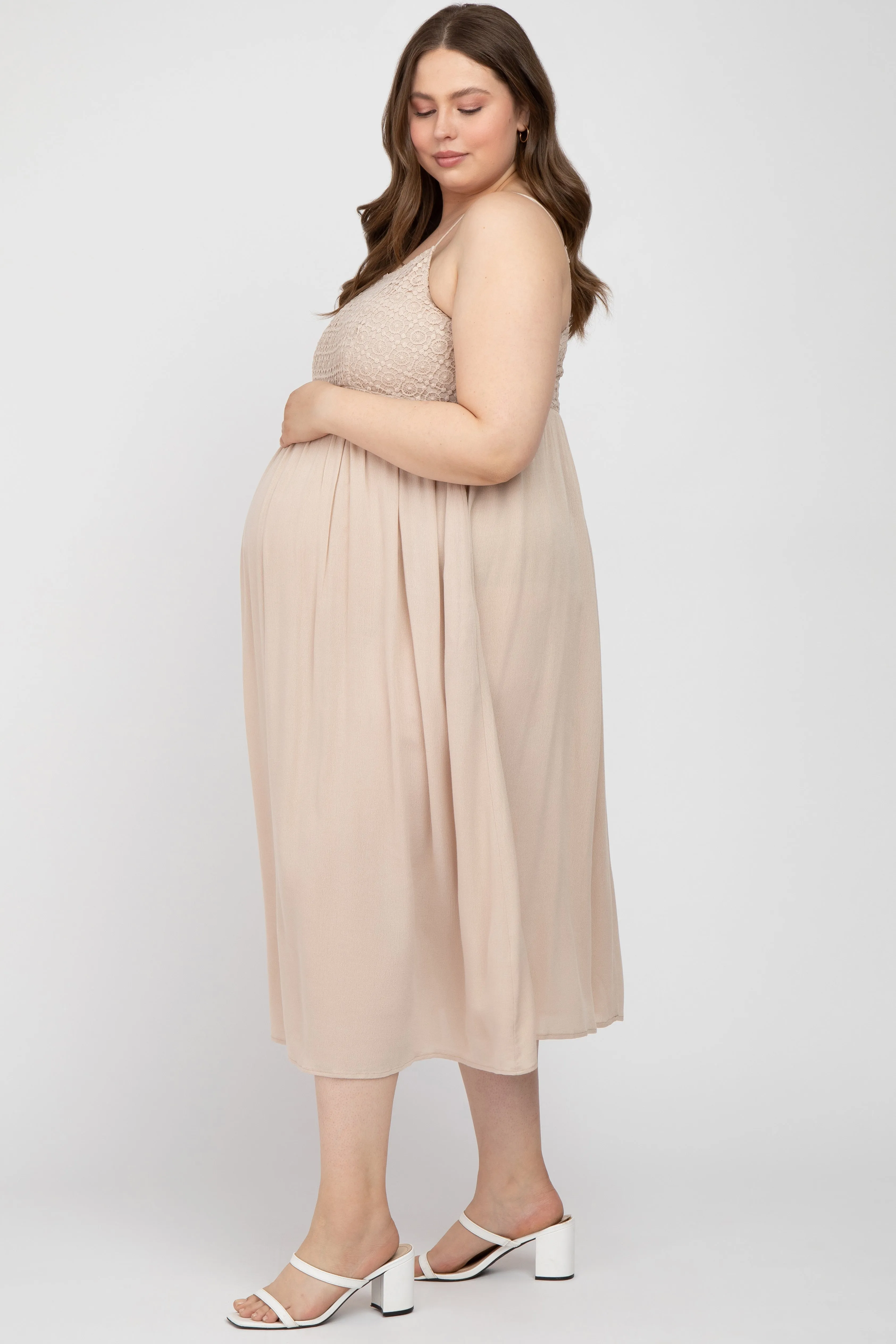 Beige Crochet Top Maternity Plus Midi Dress