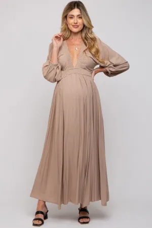 Beige Deep V-Neck Smocked Waist Maternity Maxi Dress