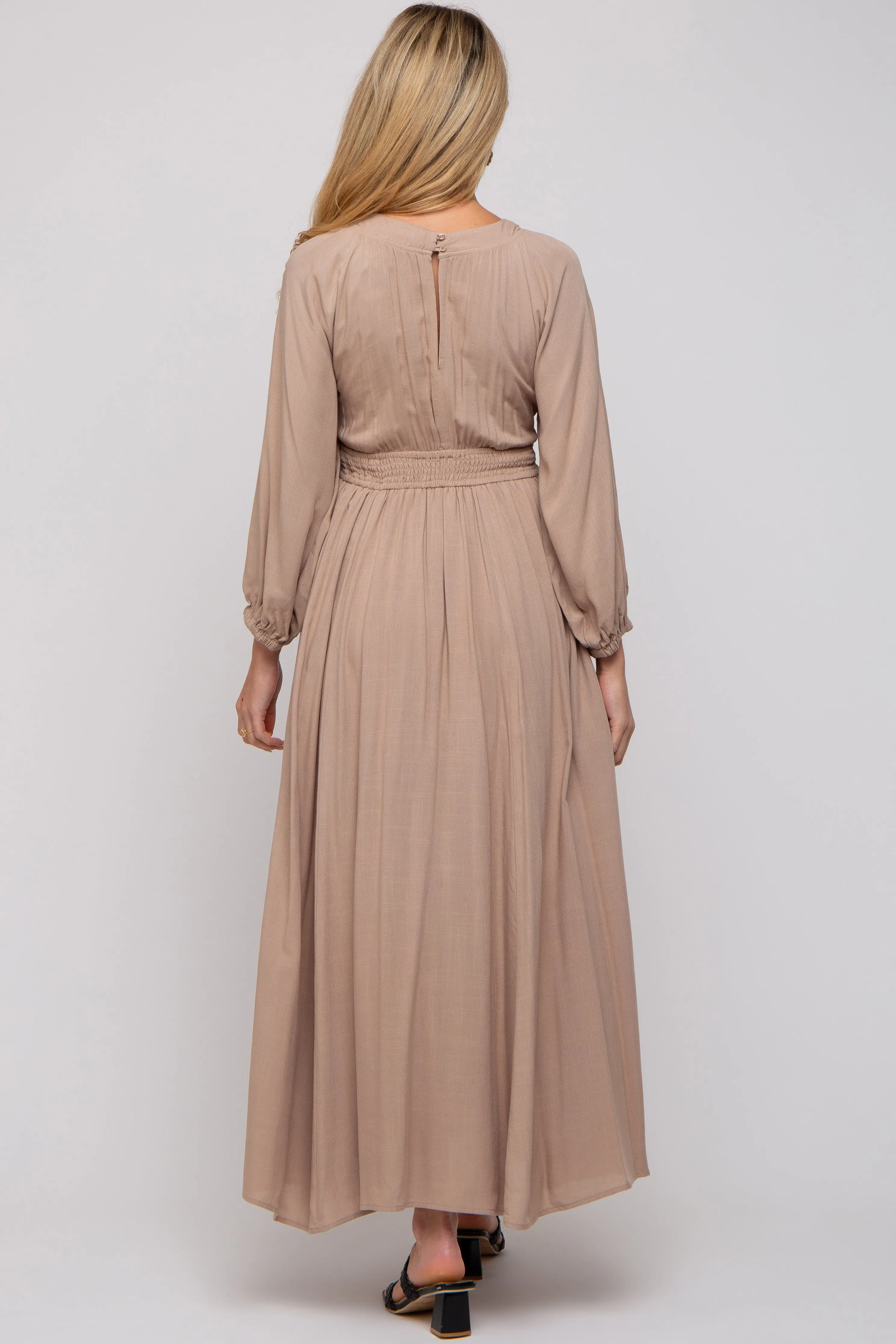 Beige Deep V-Neck Smocked Waist Maternity Maxi Dress