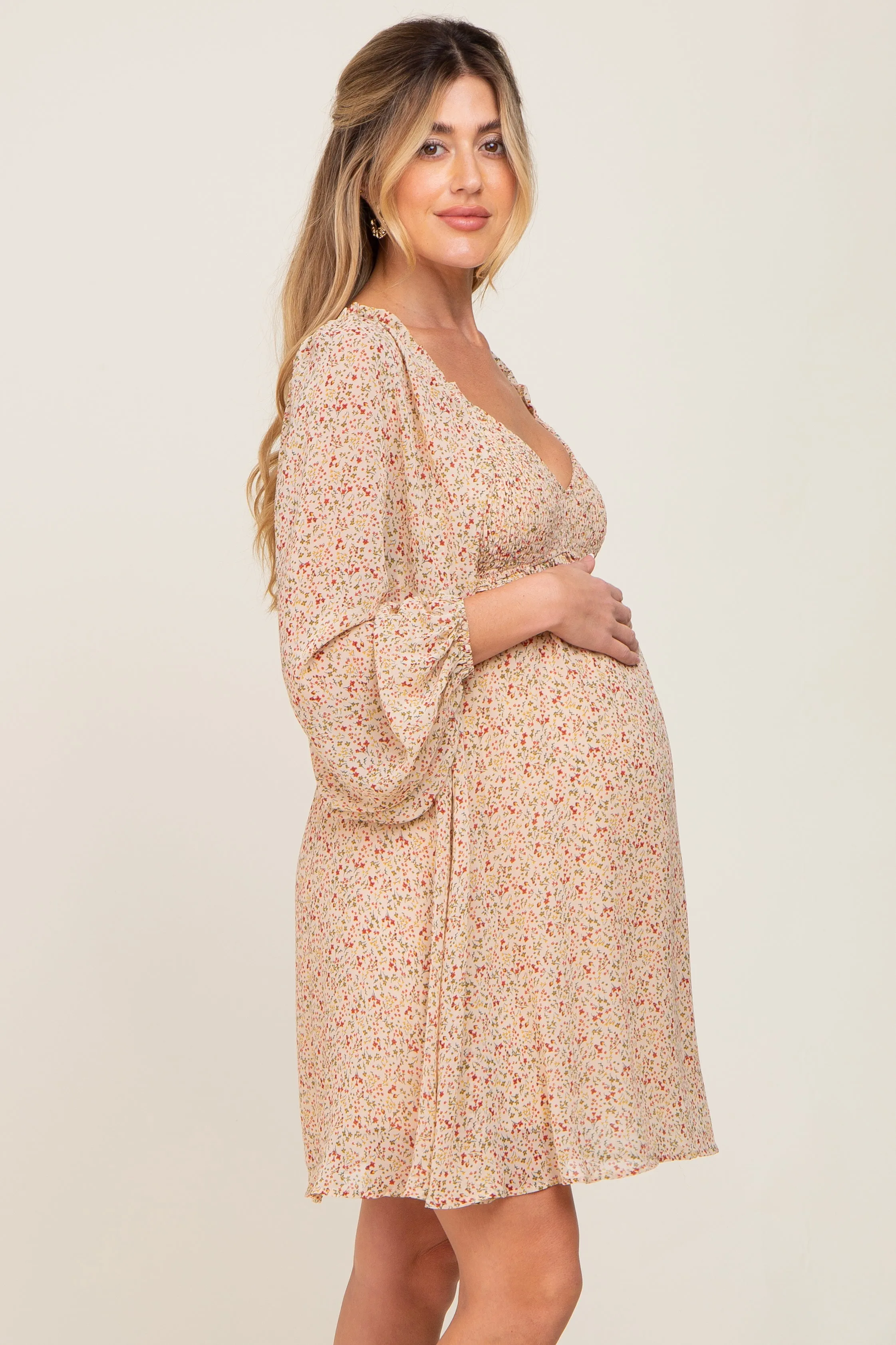 Beige Ditsy Floral Chiffon Smocked Maternity Dress