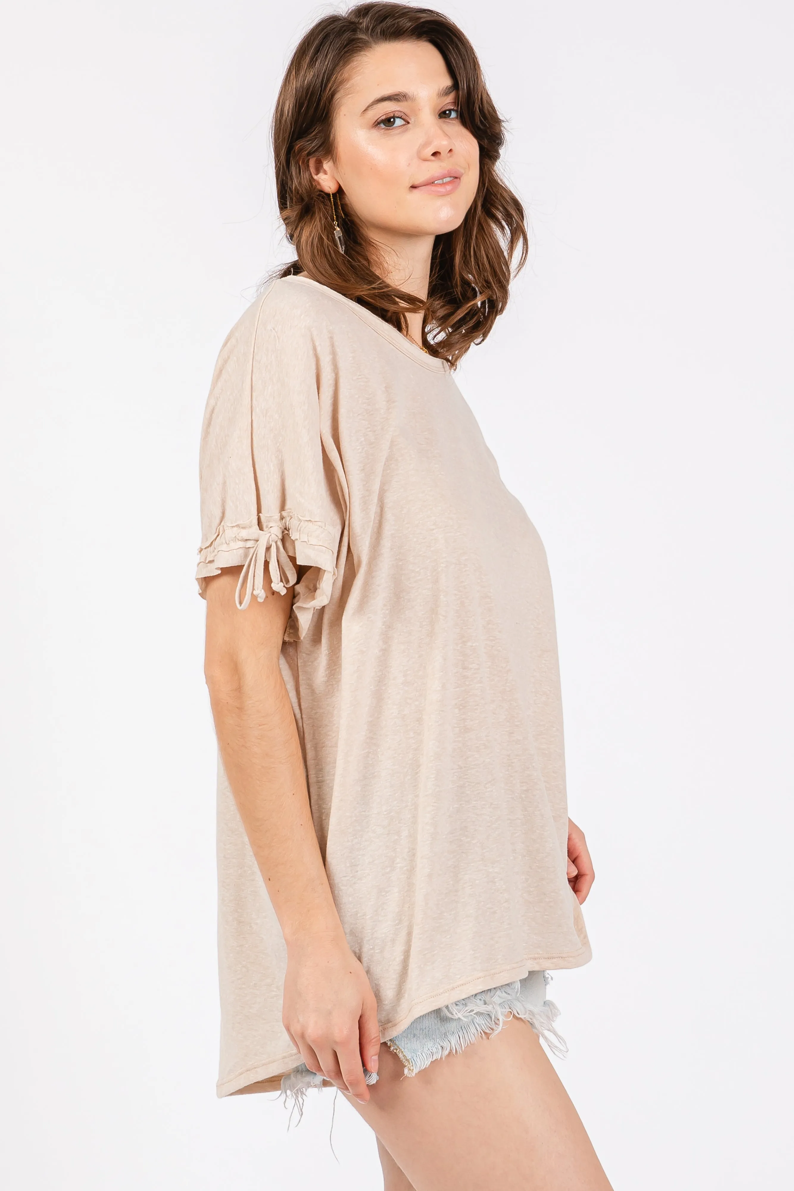 Beige Drawstring Dolman Sleeve Top