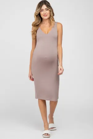 Beige Fitted V-Neckline Maternity Midi Dress