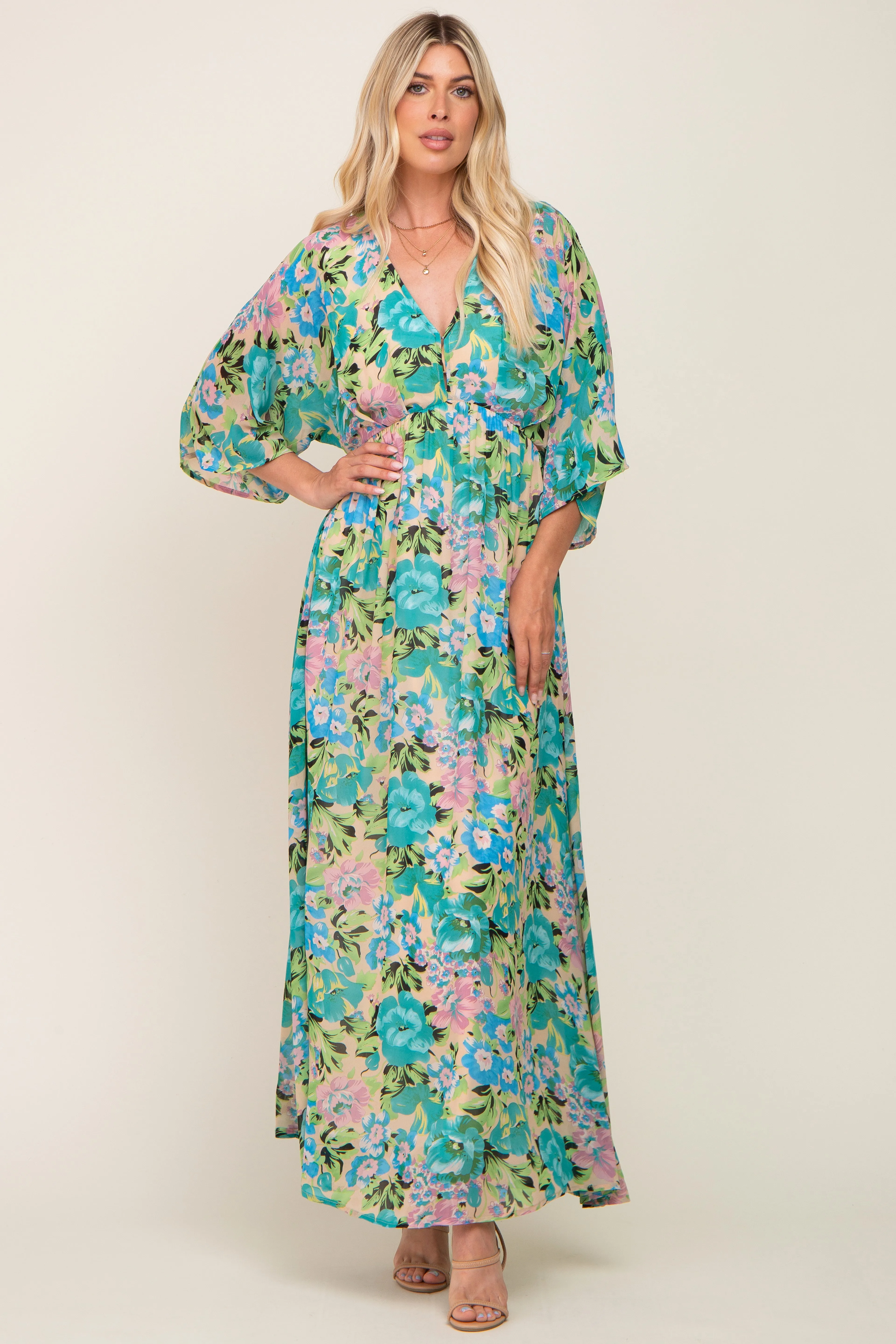 Beige Floral Chiffon Half Length Sleeve Maxi Dress