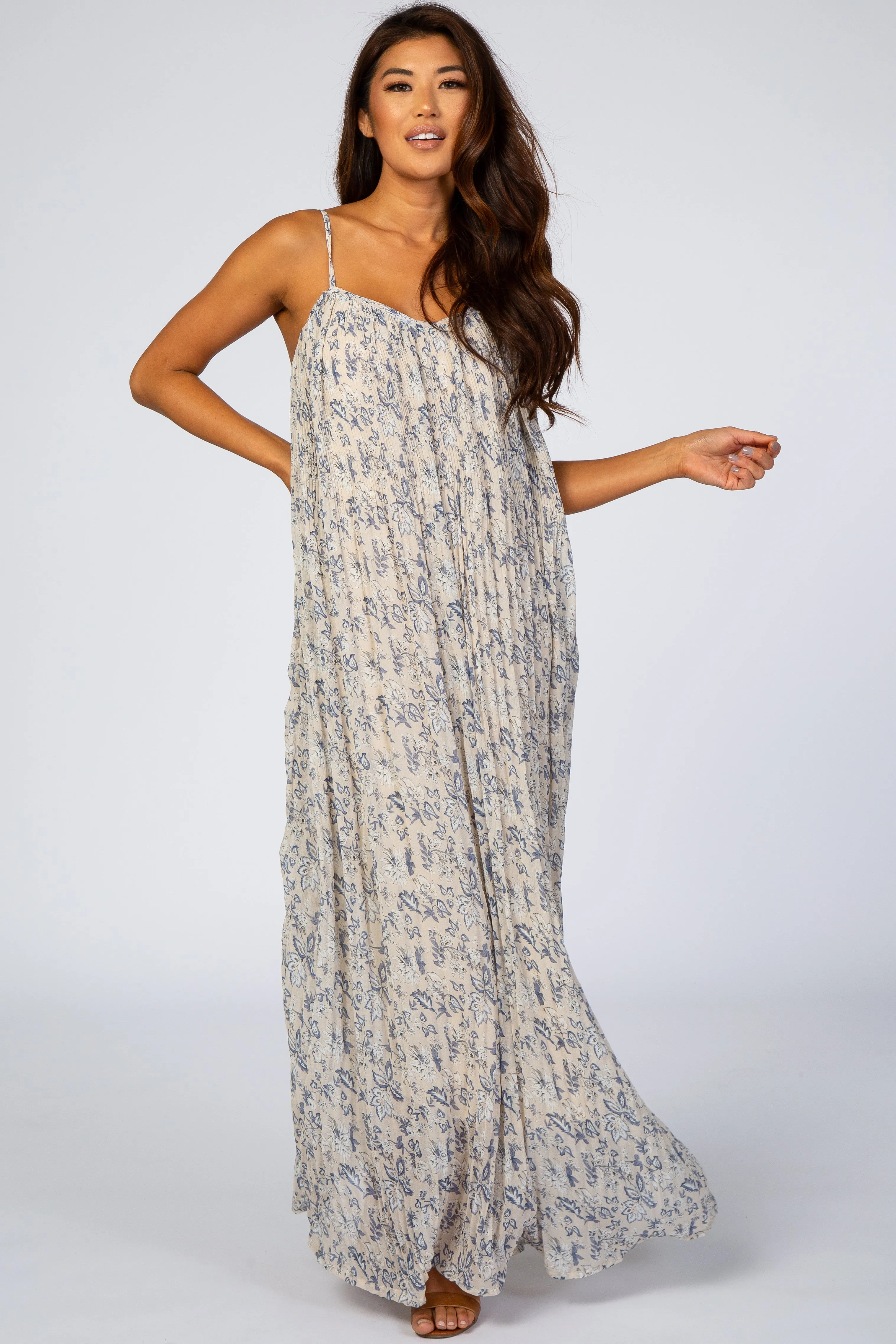 Beige Floral Chiffon Pleated Maternity Maxi Dress