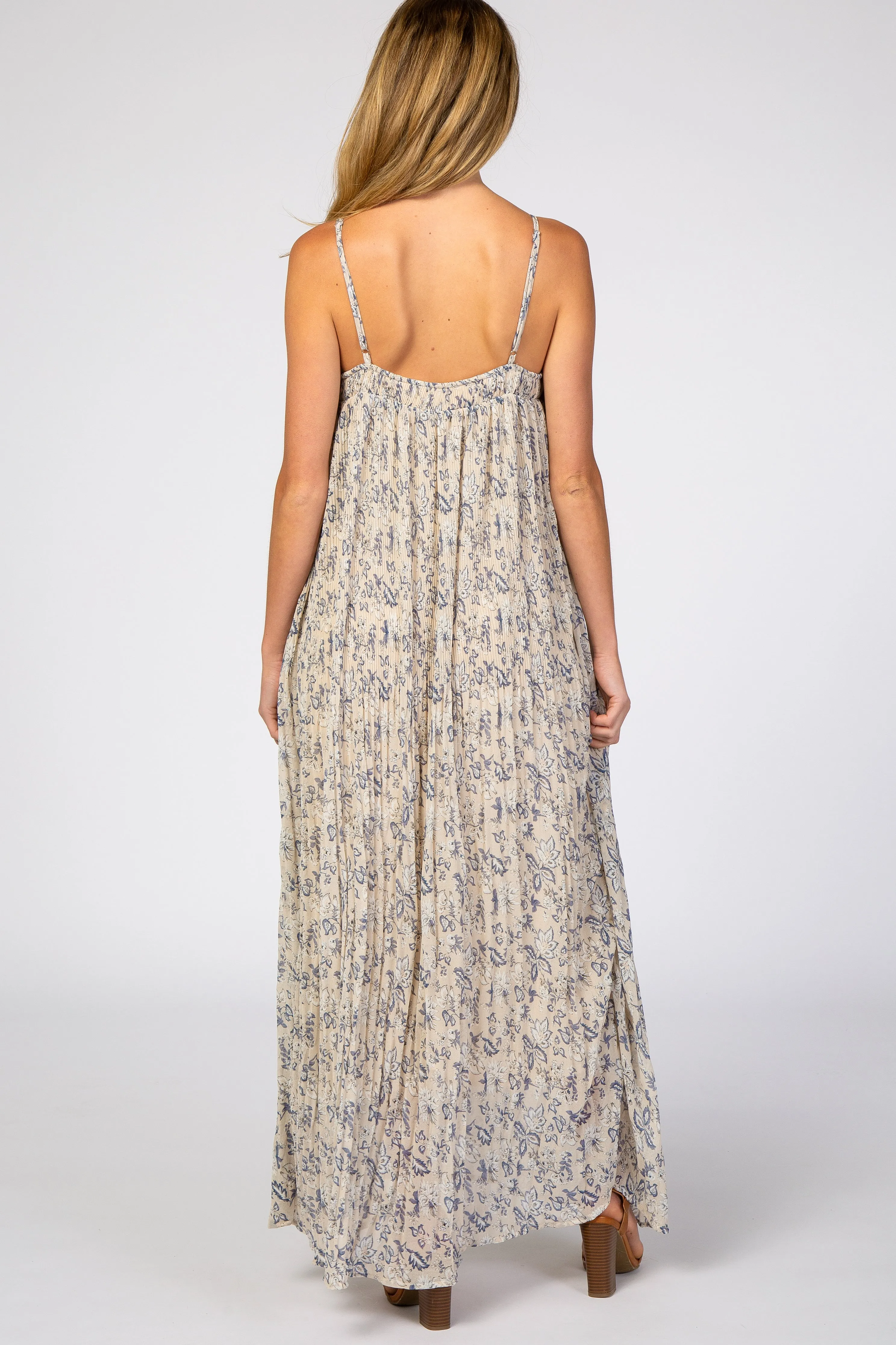 Beige Floral Chiffon Pleated Maternity Maxi Dress