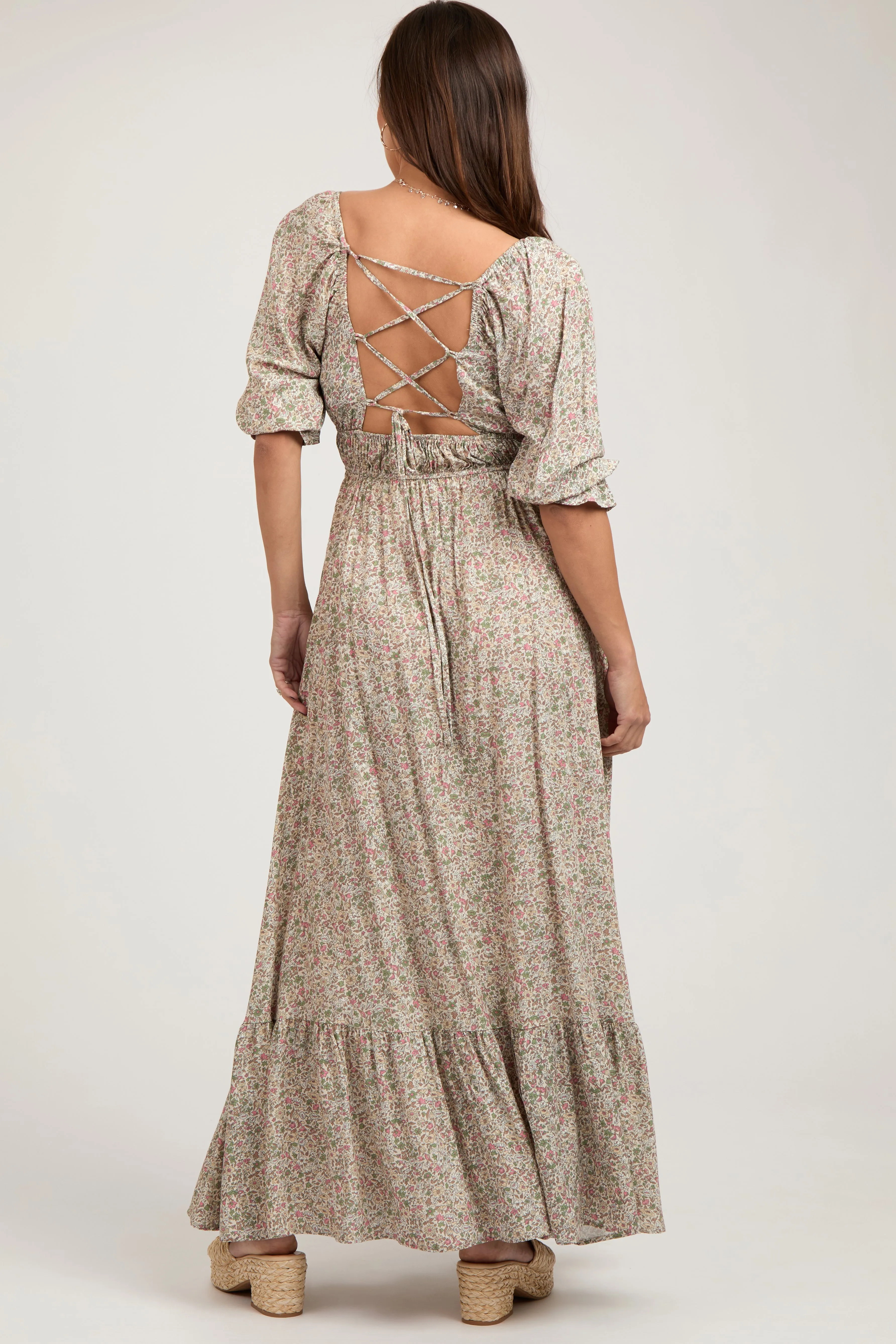 Beige Floral Criss Cross Back Maternity Maxi Dress