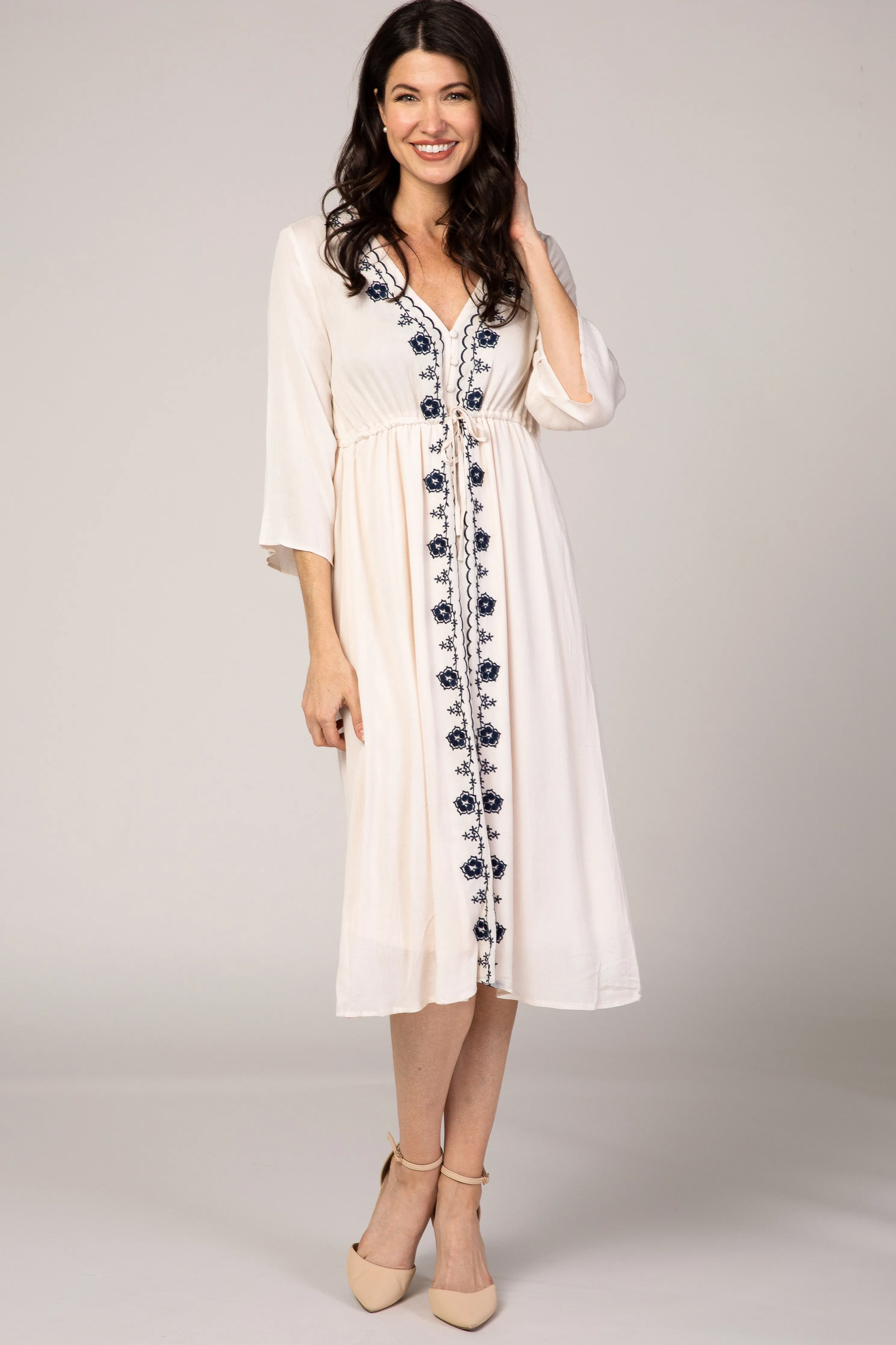 Beige Floral Embroidered 3/4 Sleeve Maternity Midi Dress