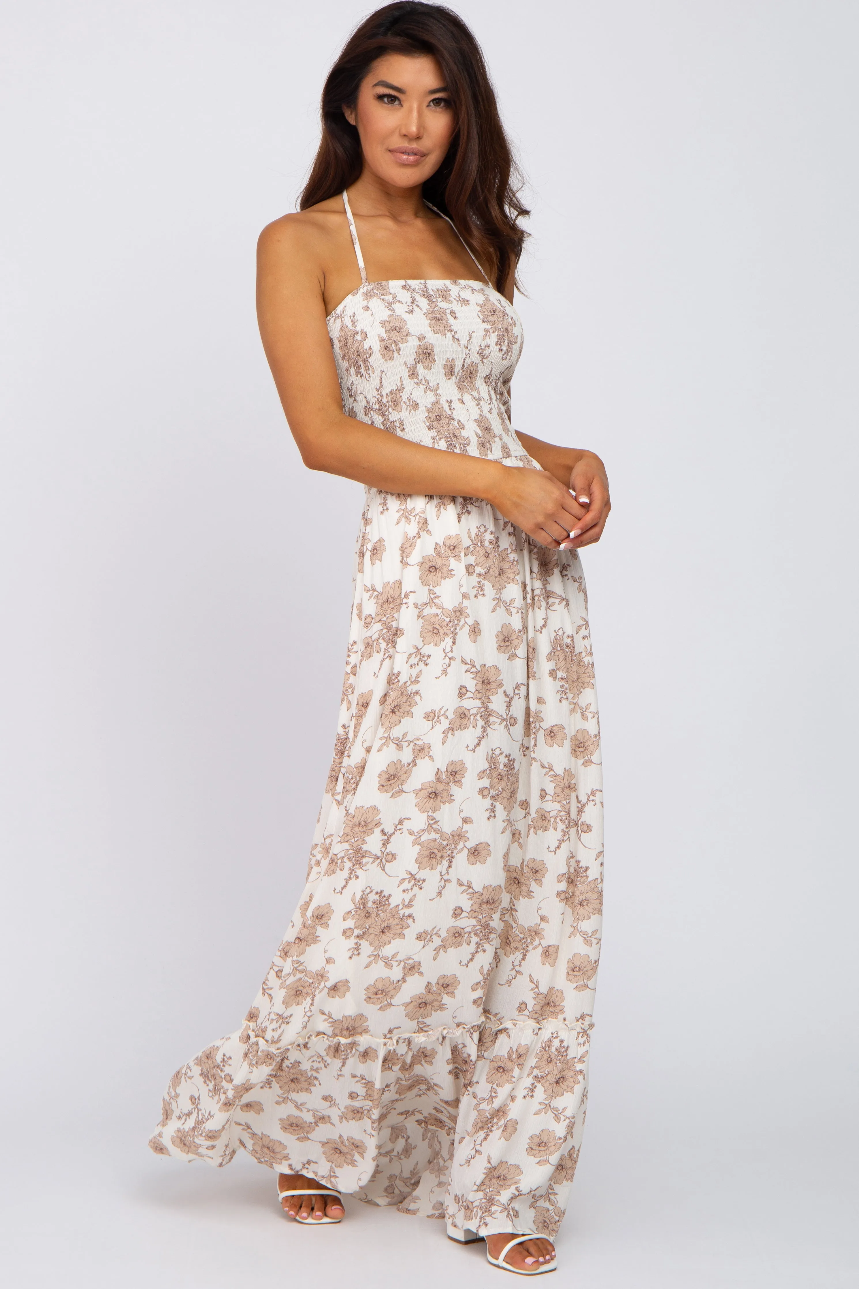 Beige Floral Smocked Halter Back Cutout Maxi Dress