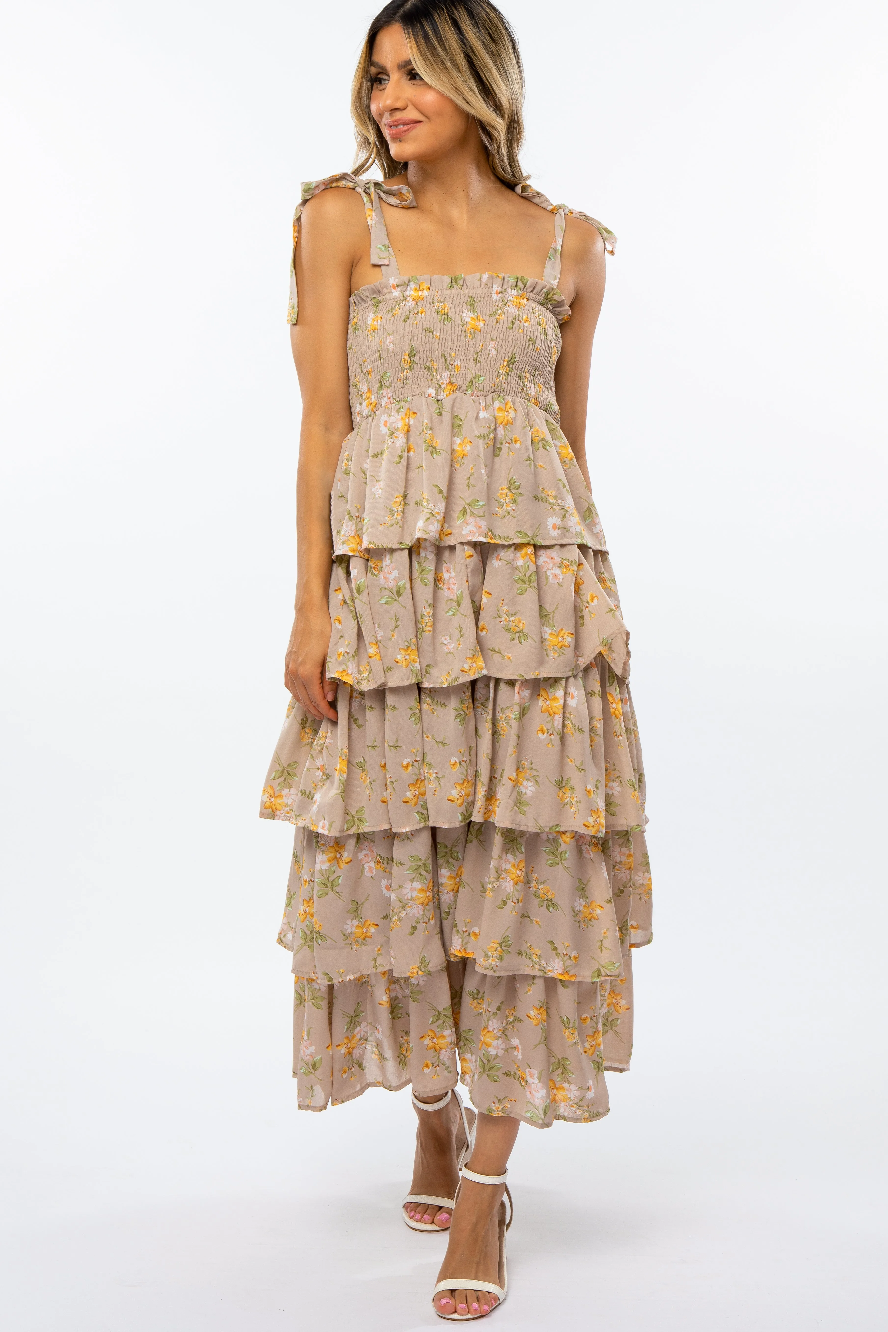 Beige Floral Smocked Ruffle Layered Shoulder Tie Midi Dress