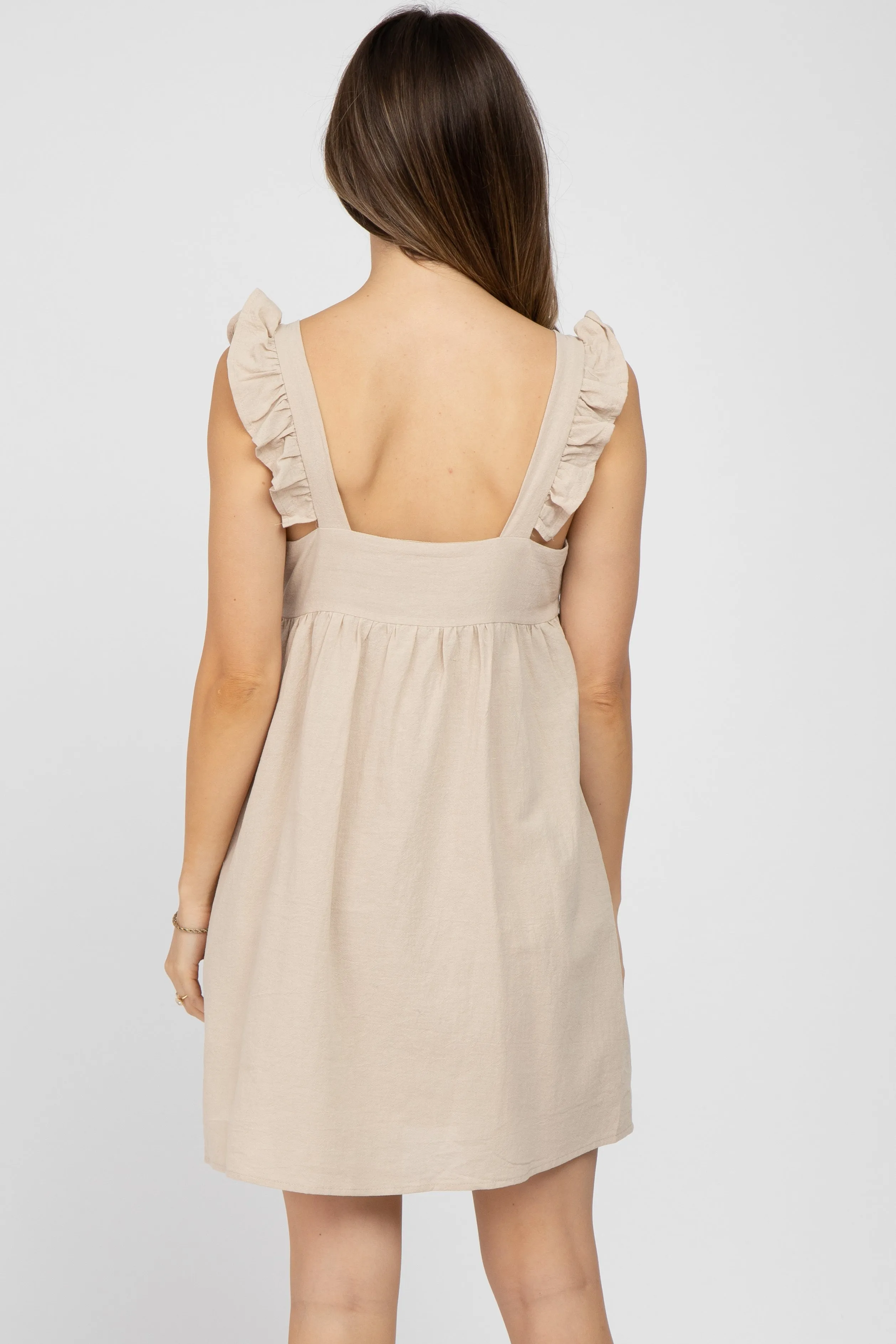 Beige Flutter Sleeve Maternity Mini Dress