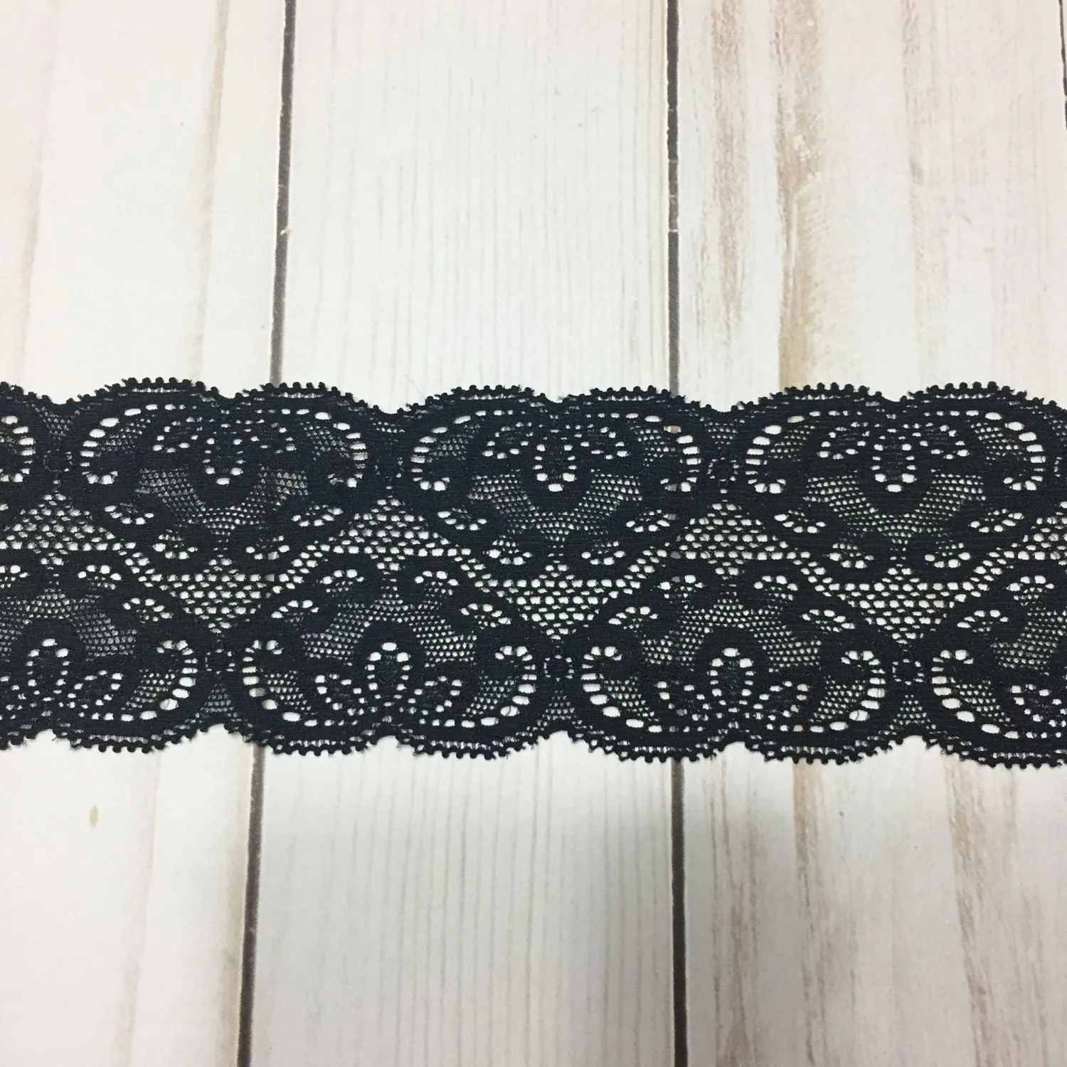 Black 2.25" Wide Heart Stretch Lace