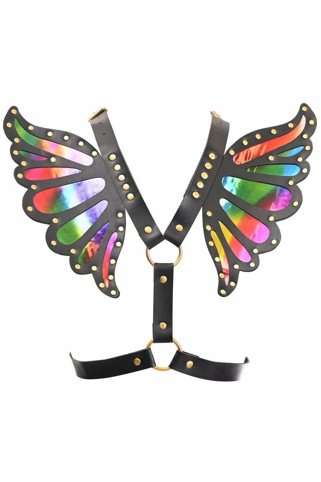 Black Faux Leather & Rainbow Hologram Butterfly Wing Harness