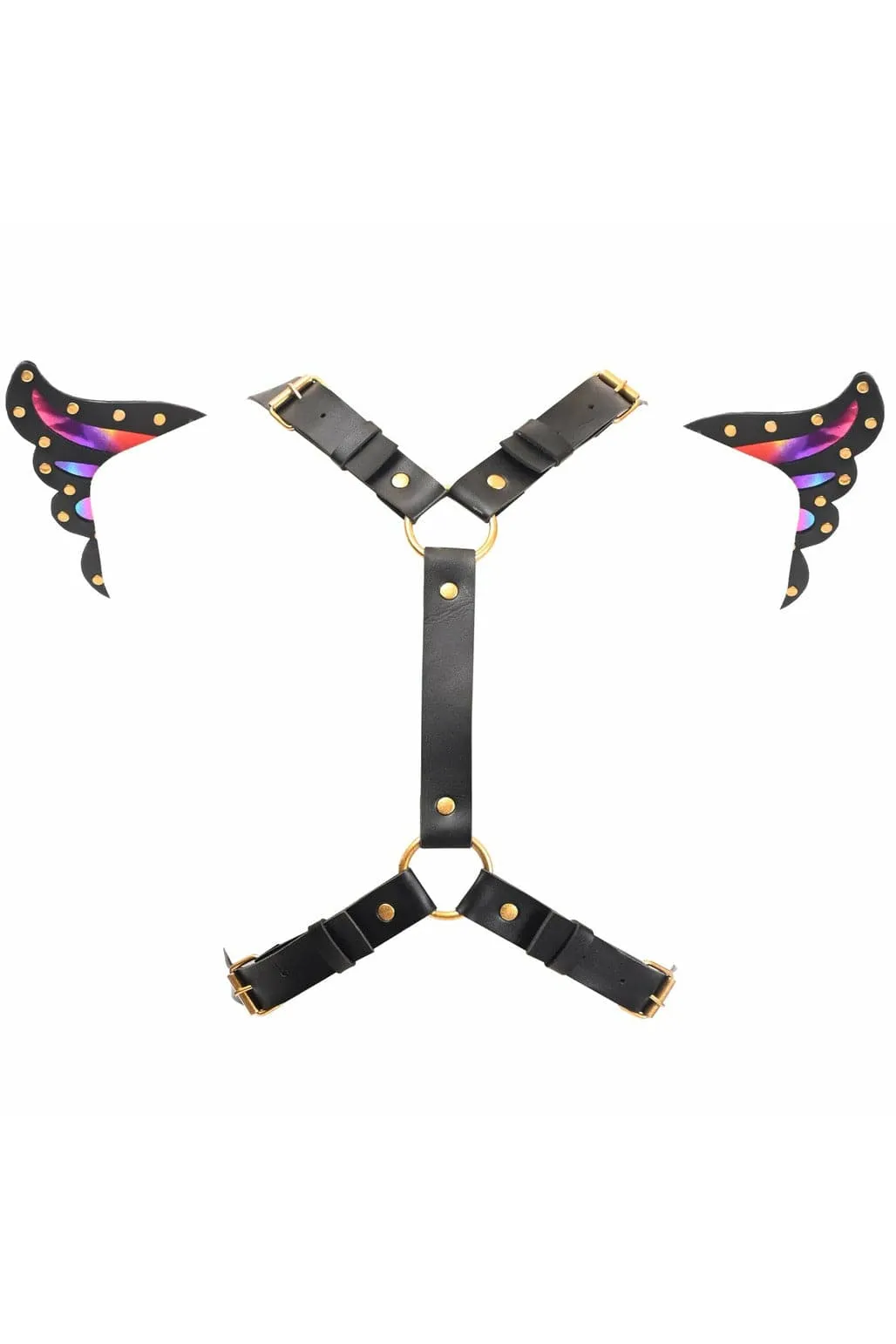 Black Faux Leather & Rainbow Hologram Butterfly Wing Harness