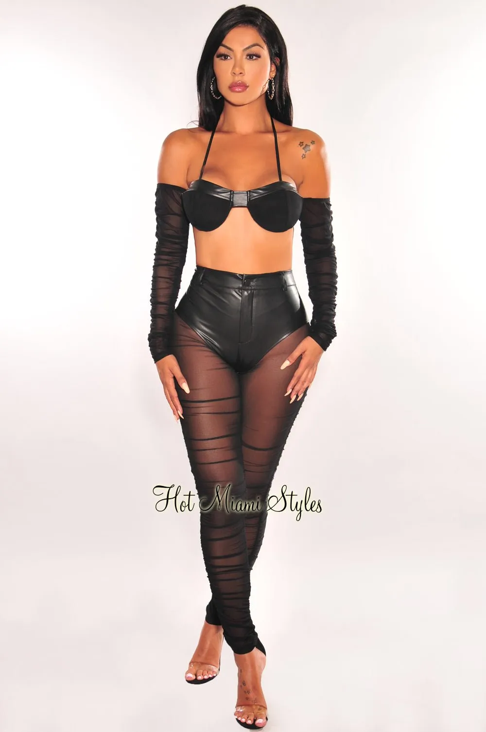 Black Faux Leather Underwire Ruched Mesh Pants Two Piece Set