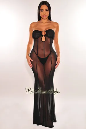 Black Mesh Strapless O-Ring Cover Up Maxi Dress