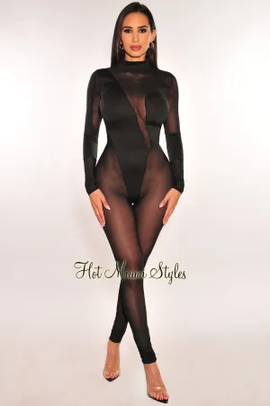 Black Mock Neck Sheer Mesh Long Sleeve Jumpsuit