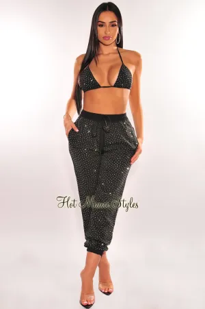 Black Silver Rhinestone Halter Triangle Top Jogger Pants Two Piece Set